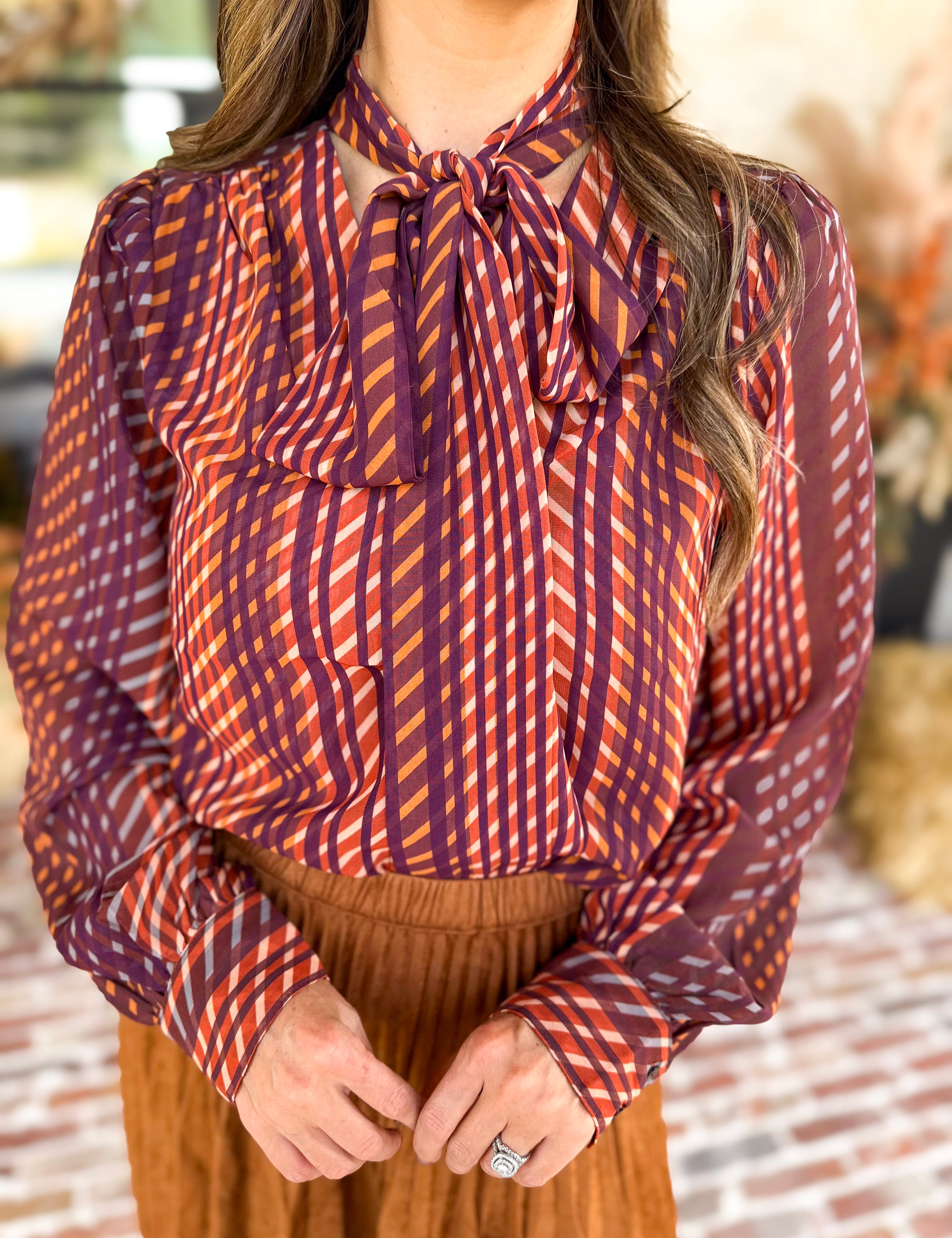 Liverpool - Fall Afterglow Neck Tie Blouse-200 Fashion Blouses-LIVERPOOL JEANS COMPANY-July & June Women's Fashion Boutique Located in San Antonio, Texas