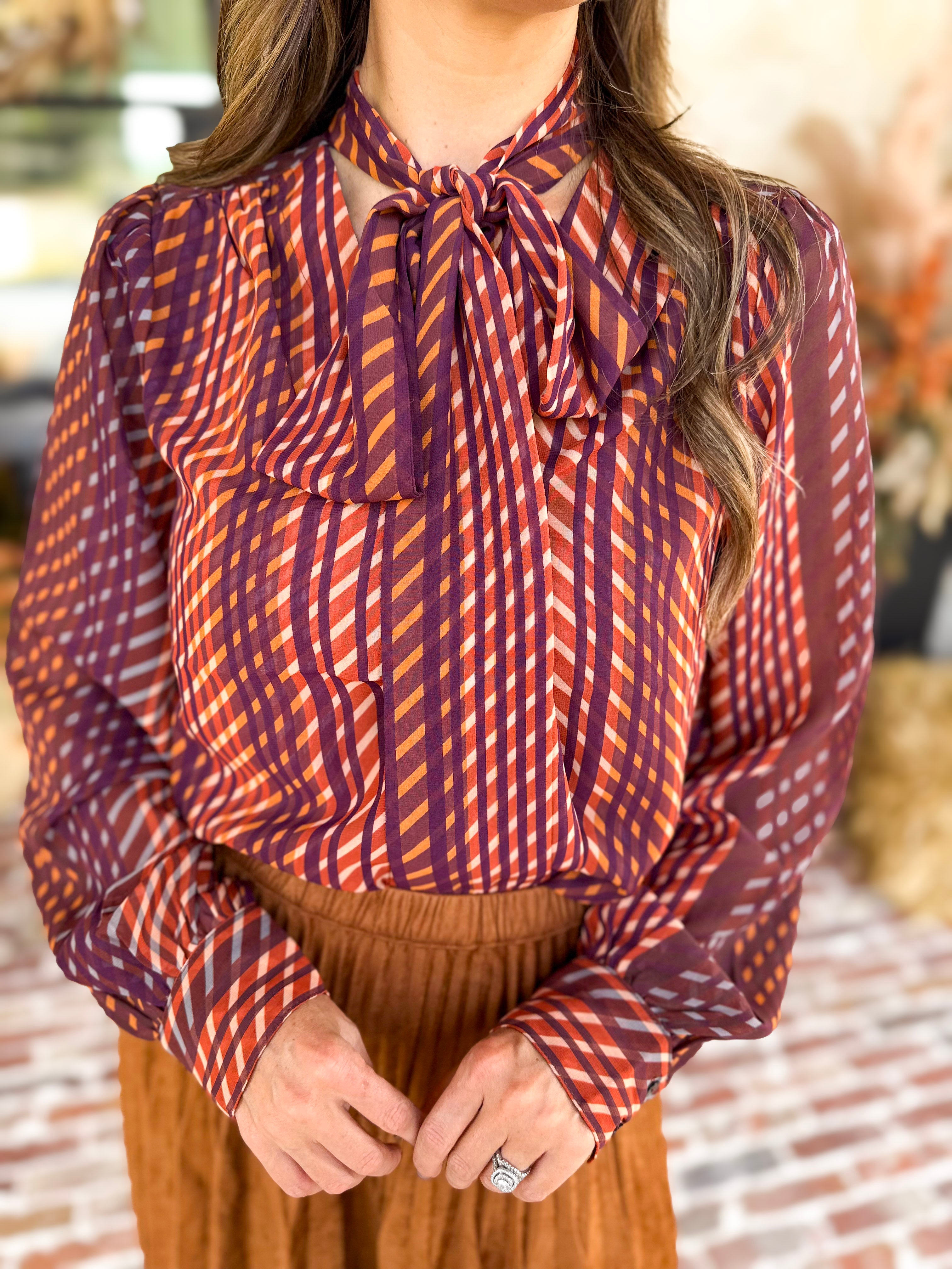 Liverpool - Fall Afterglow Neck Tie Blouse-200 Fashion Blouses-LIVERPOOL JEANS COMPANY-July & June Women's Fashion Boutique Located in San Antonio, Texas