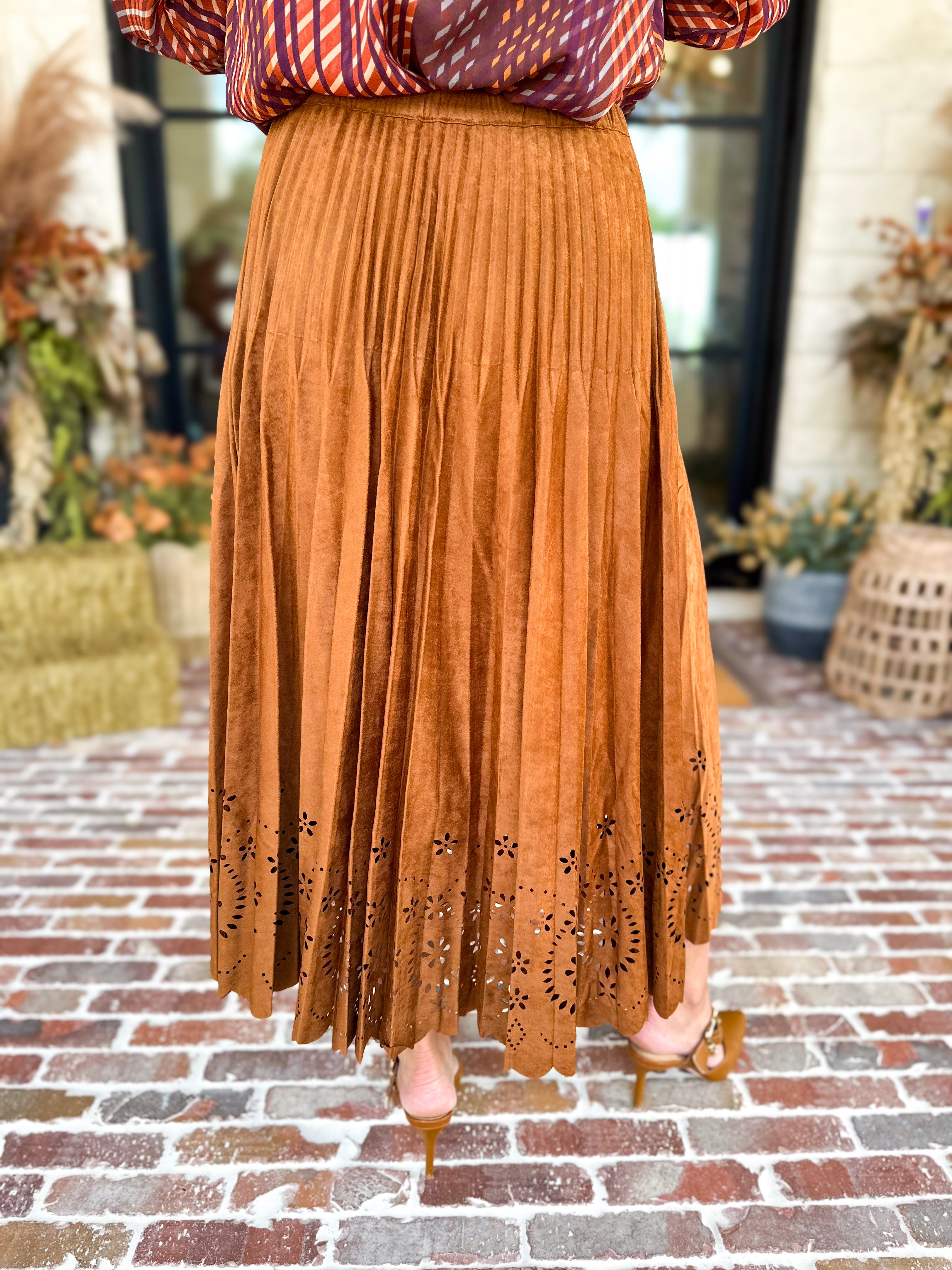 Current Air - Chestnut Fleur Suede Midi Skirt-410 Shorts/Skirts-CURRENT AIR CLOTHING-July & June Women's Fashion Boutique Located in San Antonio, Texas