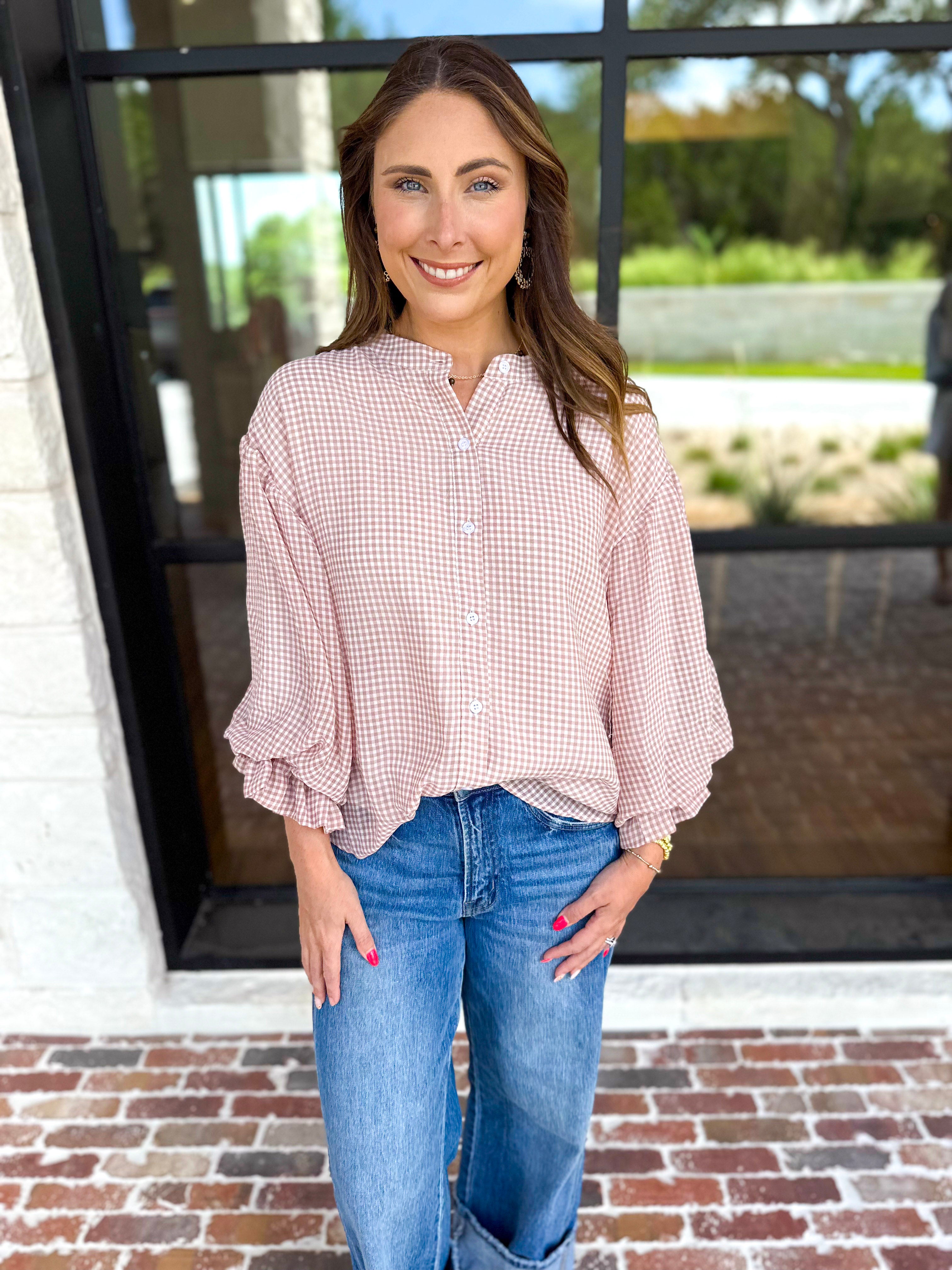 Breezy Gingham Blouse - Camel-200 Fashion Blouses-FATE-July & June Women's Fashion Boutique Located in San Antonio, Texas