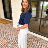 LIVERPOOL - Short Sleeve Satin Top - Navy-200 Fashion Blouses-LIVERPOOL JEANS COMPANY-July & June Women's Fashion Boutique Located in San Antonio, Texas