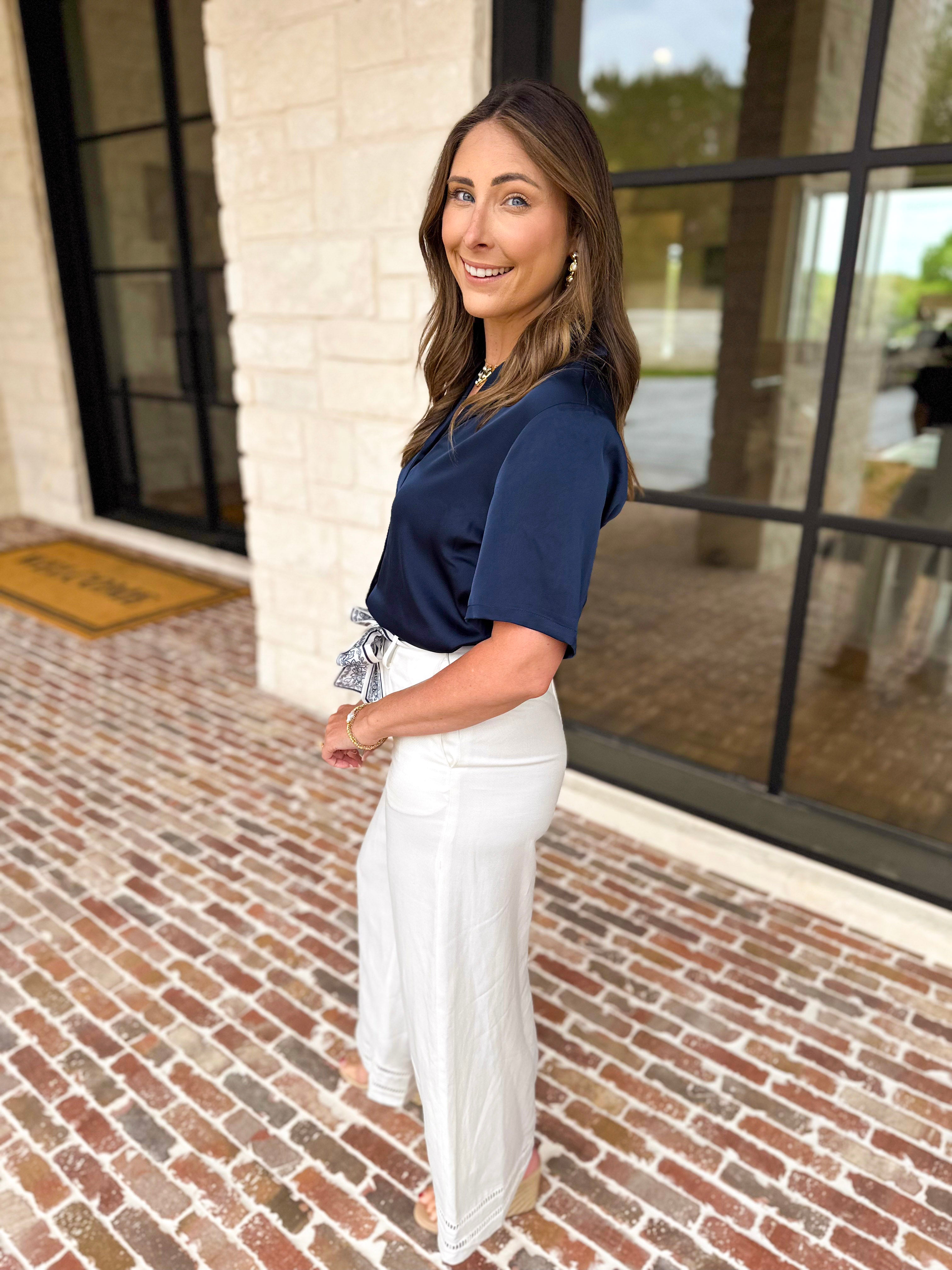 LIVERPOOL - Short Sleeve Satin Top - Navy-200 Fashion Blouses-LIVERPOOL JEANS COMPANY-July & June Women's Fashion Boutique Located in San Antonio, Texas