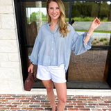 Breezy Gingham Blouse - Dusty Blue-200 Fashion Blouses-FATE-July & June Women's Fashion Boutique Located in San Antonio, Texas