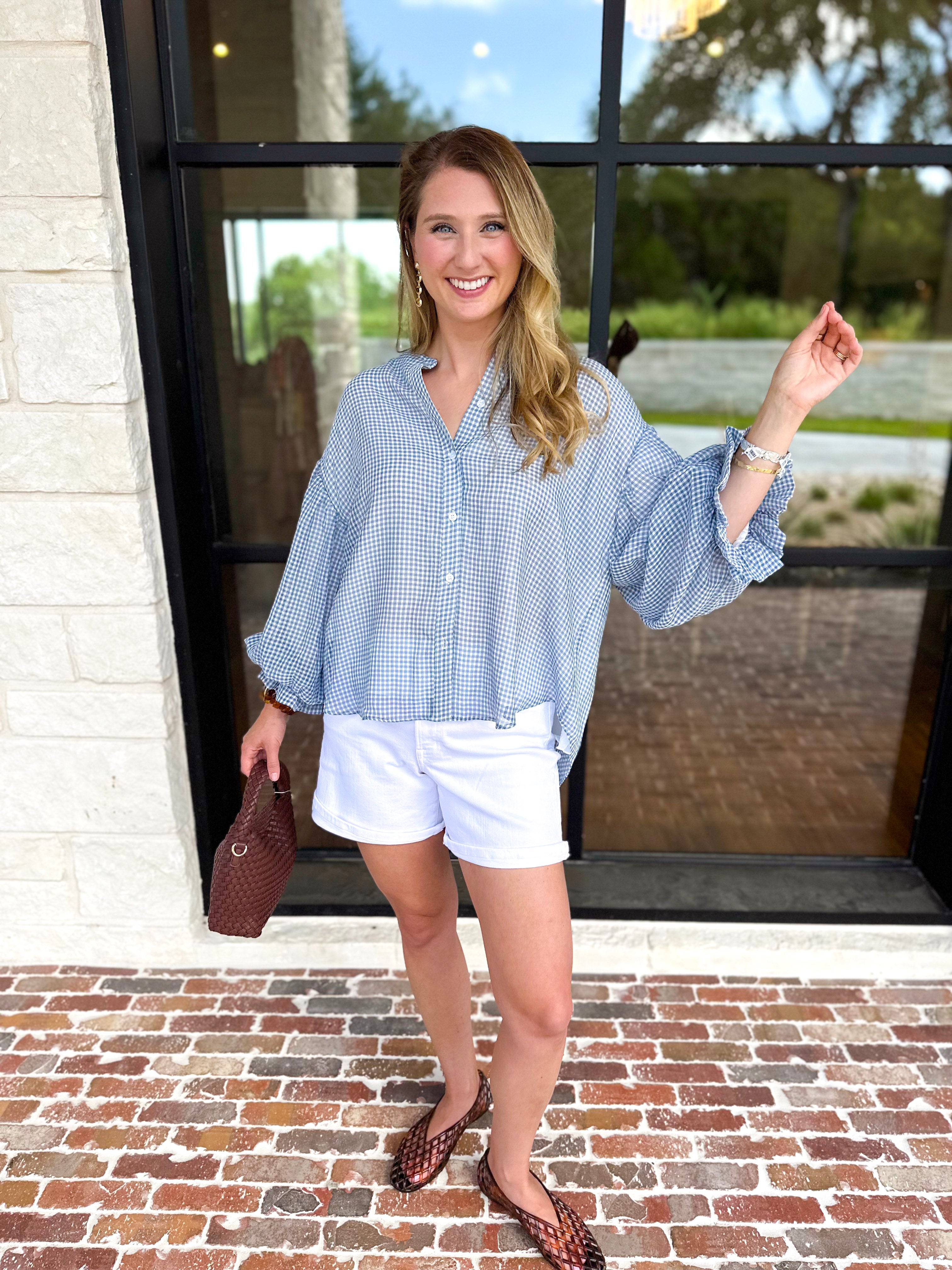 Breezy Gingham Blouse - Dusty Blue-200 Fashion Blouses-FATE-July & June Women's Fashion Boutique Located in San Antonio, Texas