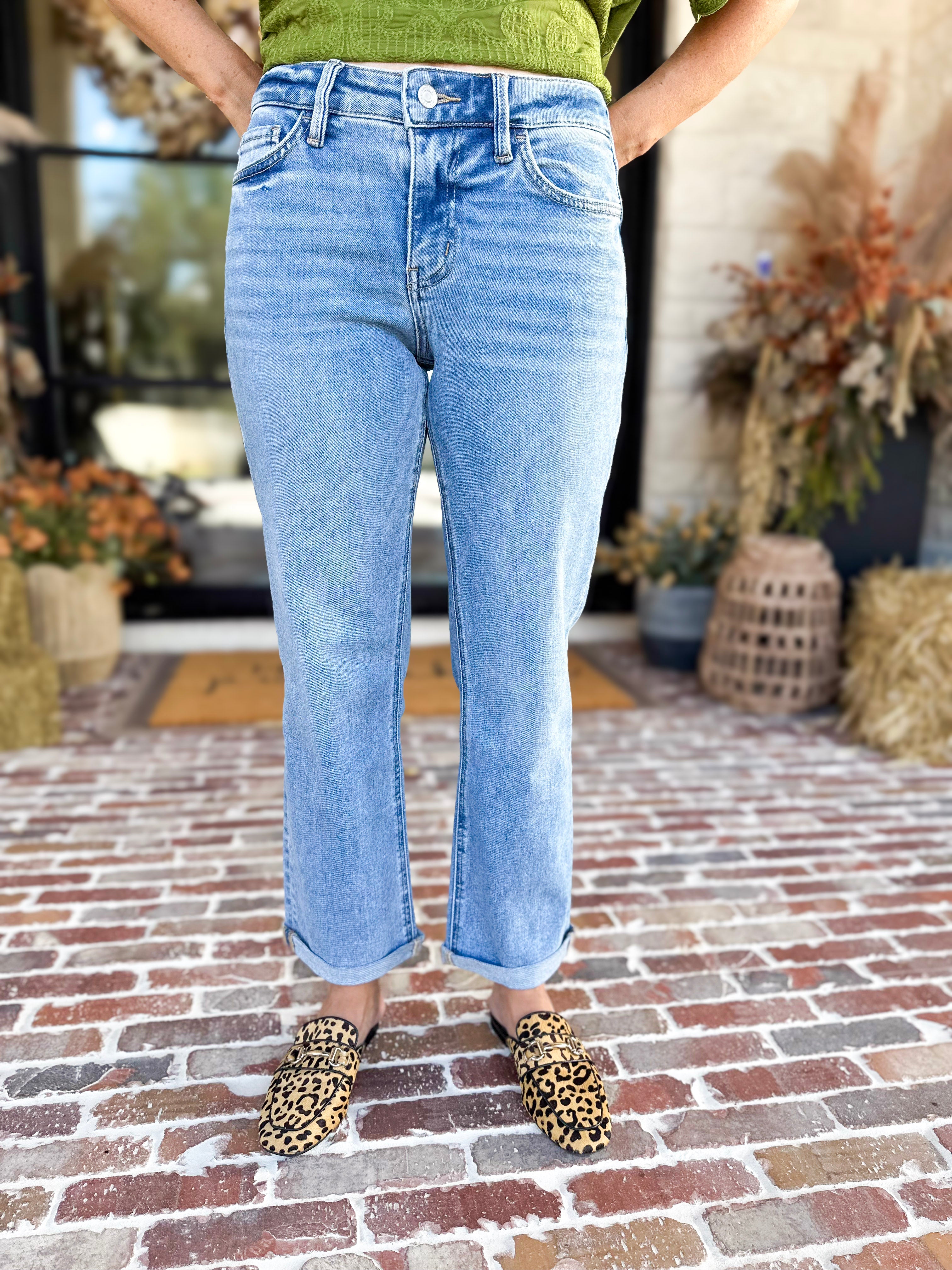 Vervet - Mid Rise Small Cuff Straight Leg Jeans-420 Denim-VEVERT BY FLYING MONKEY-July & June Women's Fashion Boutique Located in San Antonio, Texas