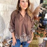 Maya Floral Stitch Blouse - Mocha-200 Fashion Blouses-ENTRO-July & June Women's Fashion Boutique Located in San Antonio, Texas