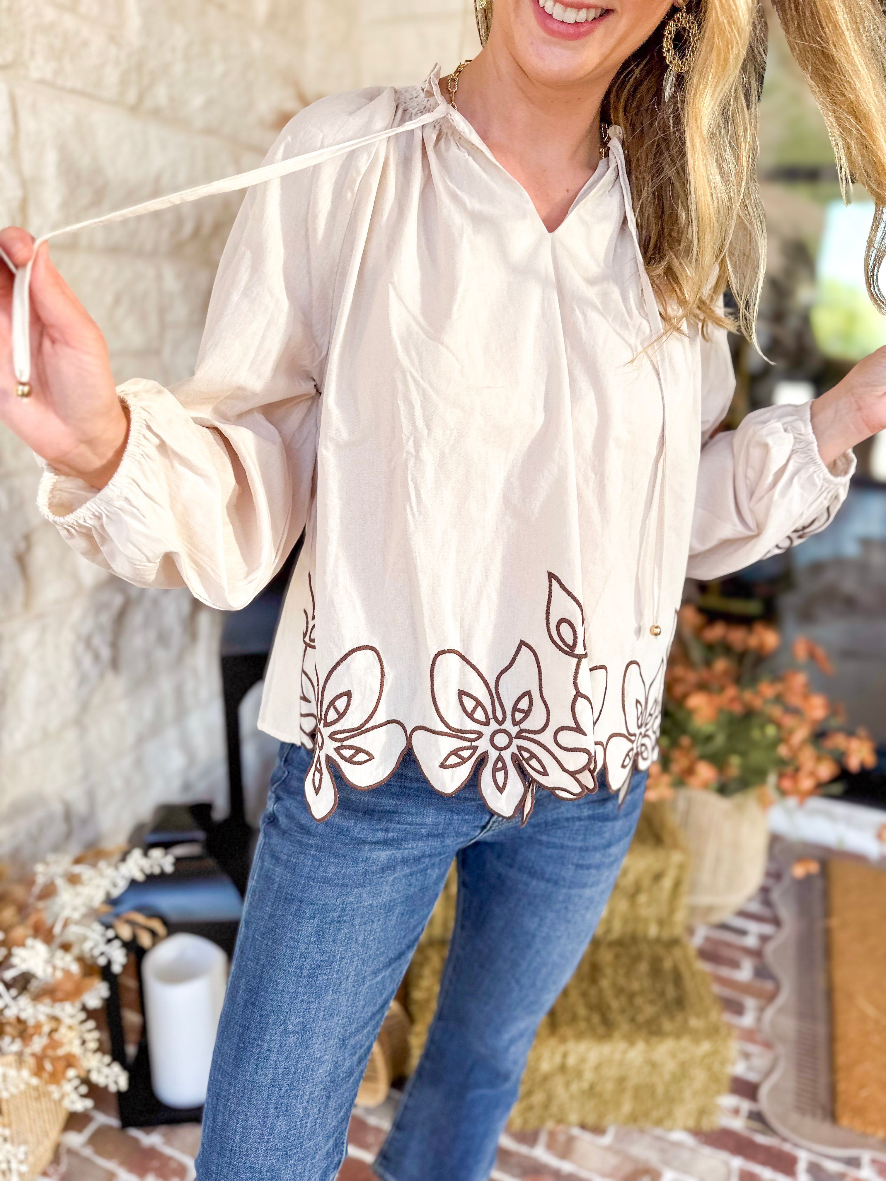 Maya Floral Stitch Blouse - Ivory-200 Fashion Blouses-ENTRO-July & June Women's Fashion Boutique Located in San Antonio, Texas