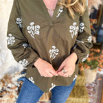Mary Square - Olive Embroidered Flora Blouse-200 Fashion Blouses-MARY SQUARE-July & June Women's Fashion Boutique Located in San Antonio, Texas
