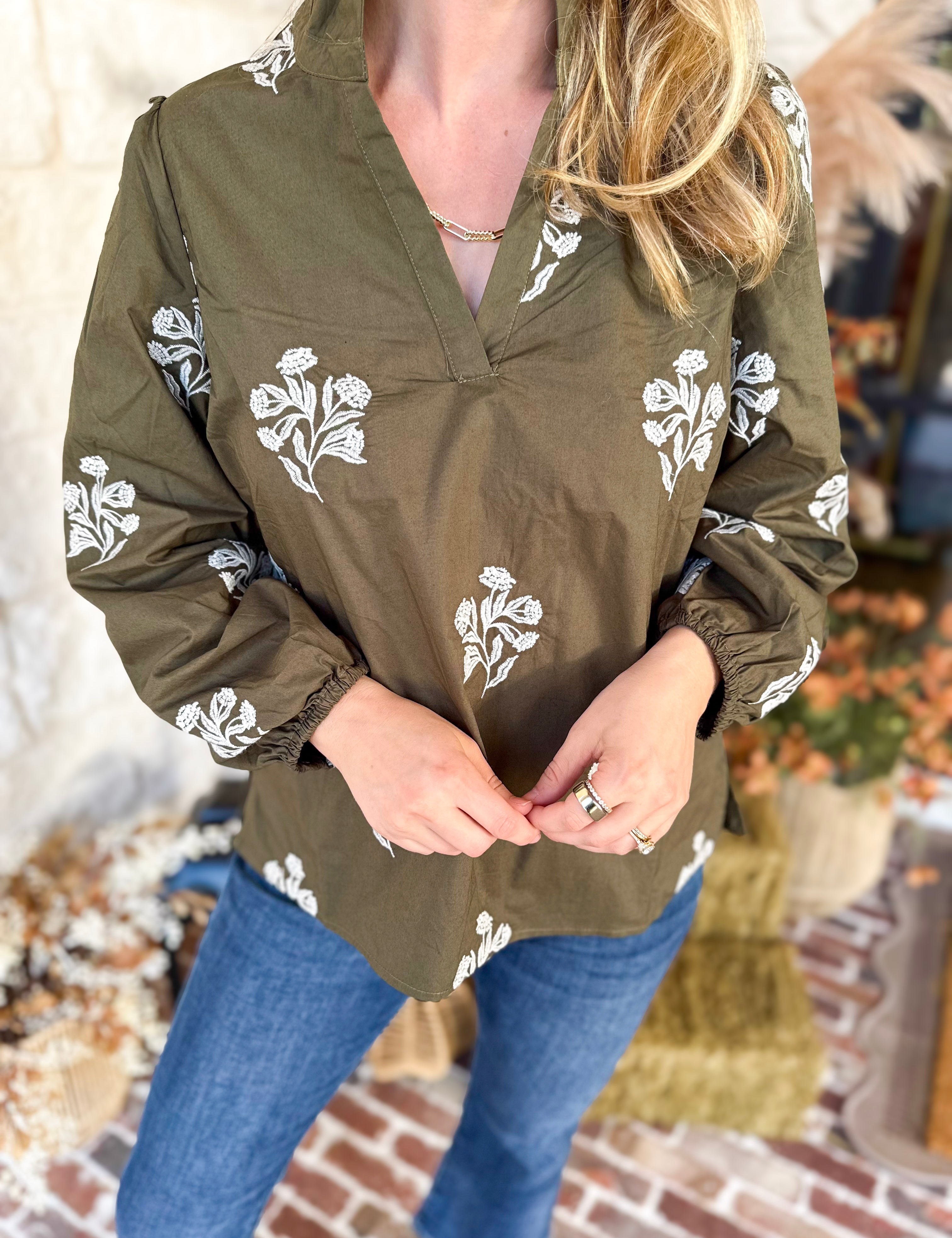 Mary Square - Olive Embroidered Flora Blouse-200 Fashion Blouses-MARY SQUARE-July & June Women's Fashion Boutique Located in San Antonio, Texas