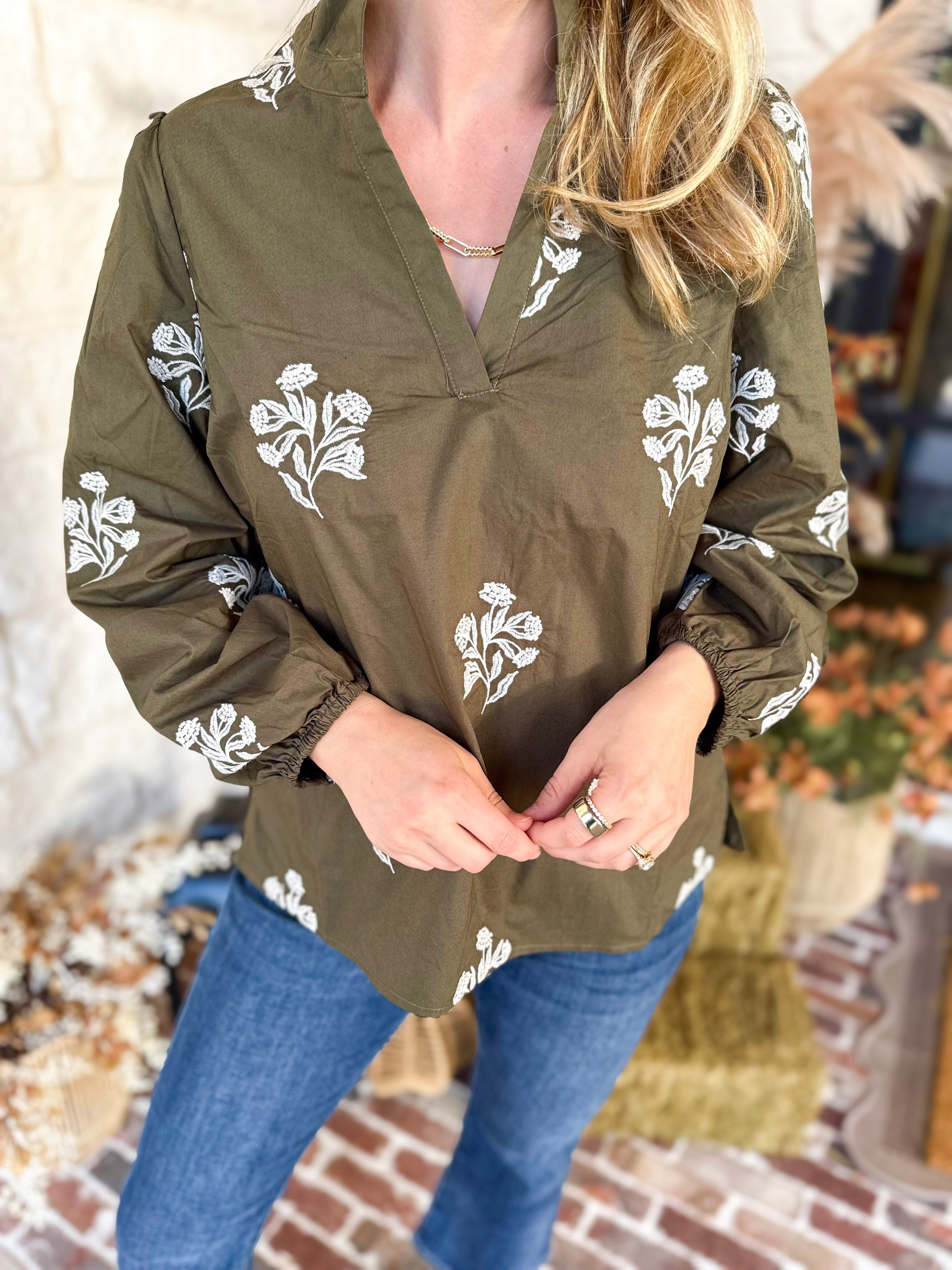 Mary Square - Olive Embroidered Flora Blouse-200 Fashion Blouses-MARY SQUARE-July & June Women's Fashion Boutique Located in San Antonio, Texas