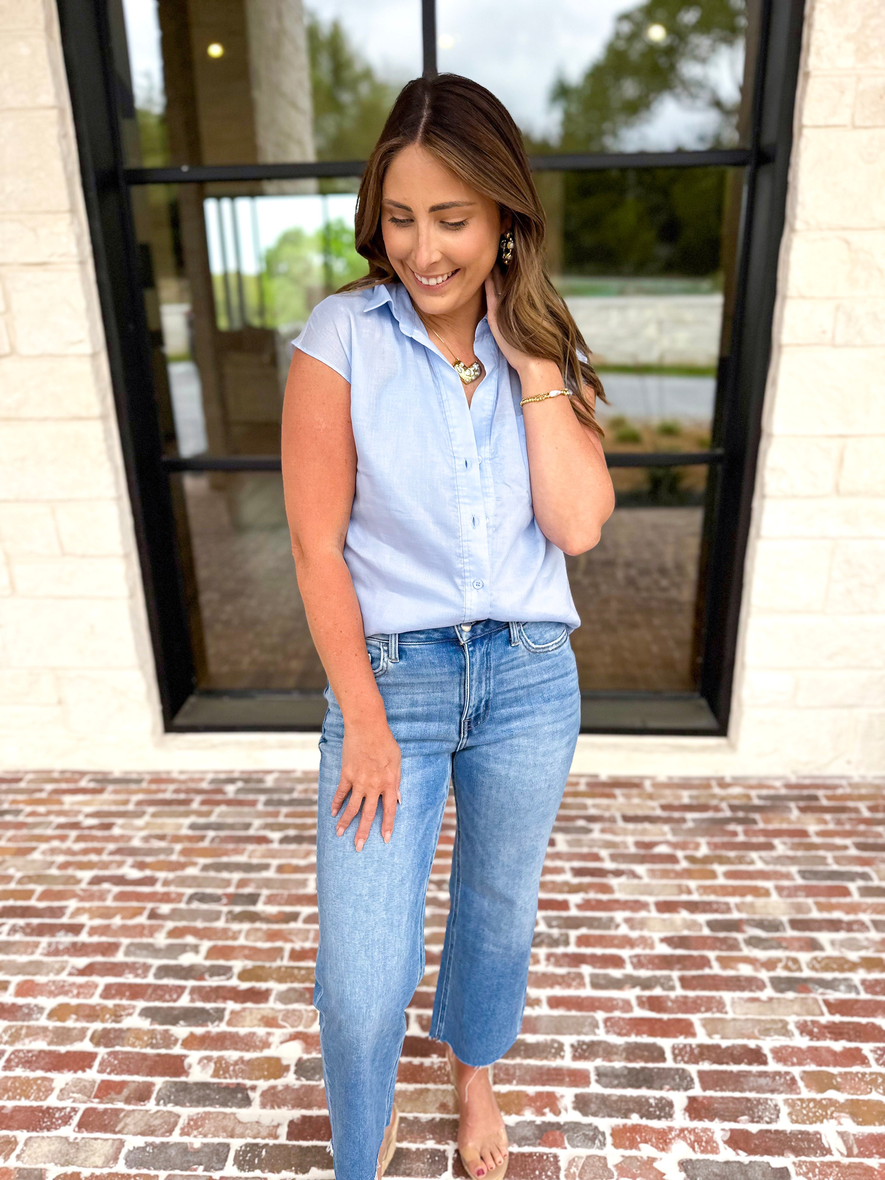 Current Air - The Linen Cap Sleeve Top - Pale Blue-200 Fashion Blouses-CURRENT AIR CLOTHING-July & June Women's Fashion Boutique Located in San Antonio, Texas