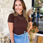 Mock Neck Soft Fitted Sweater Top - Dark Brown-230 Sweaters/Cardis-SKIES ARE BLUE-July & June Women's Fashion Boutique Located in San Antonio, Texas