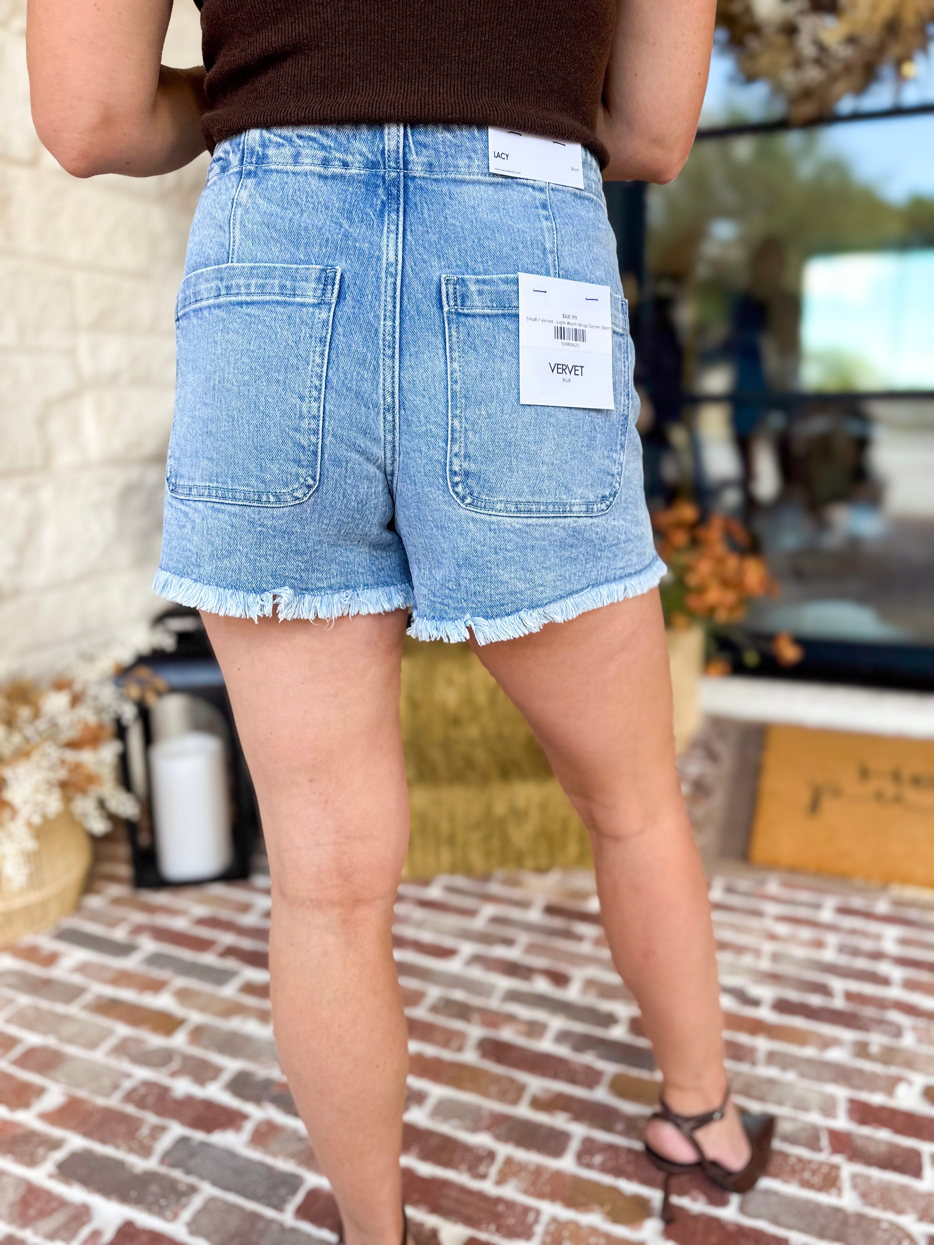 Vervet - Light Wash Wrap Denim Skort-410 Shorts/Skirts-VEVERT BY FLYING MONKEY-July & June Women's Fashion Boutique Located in San Antonio, Texas