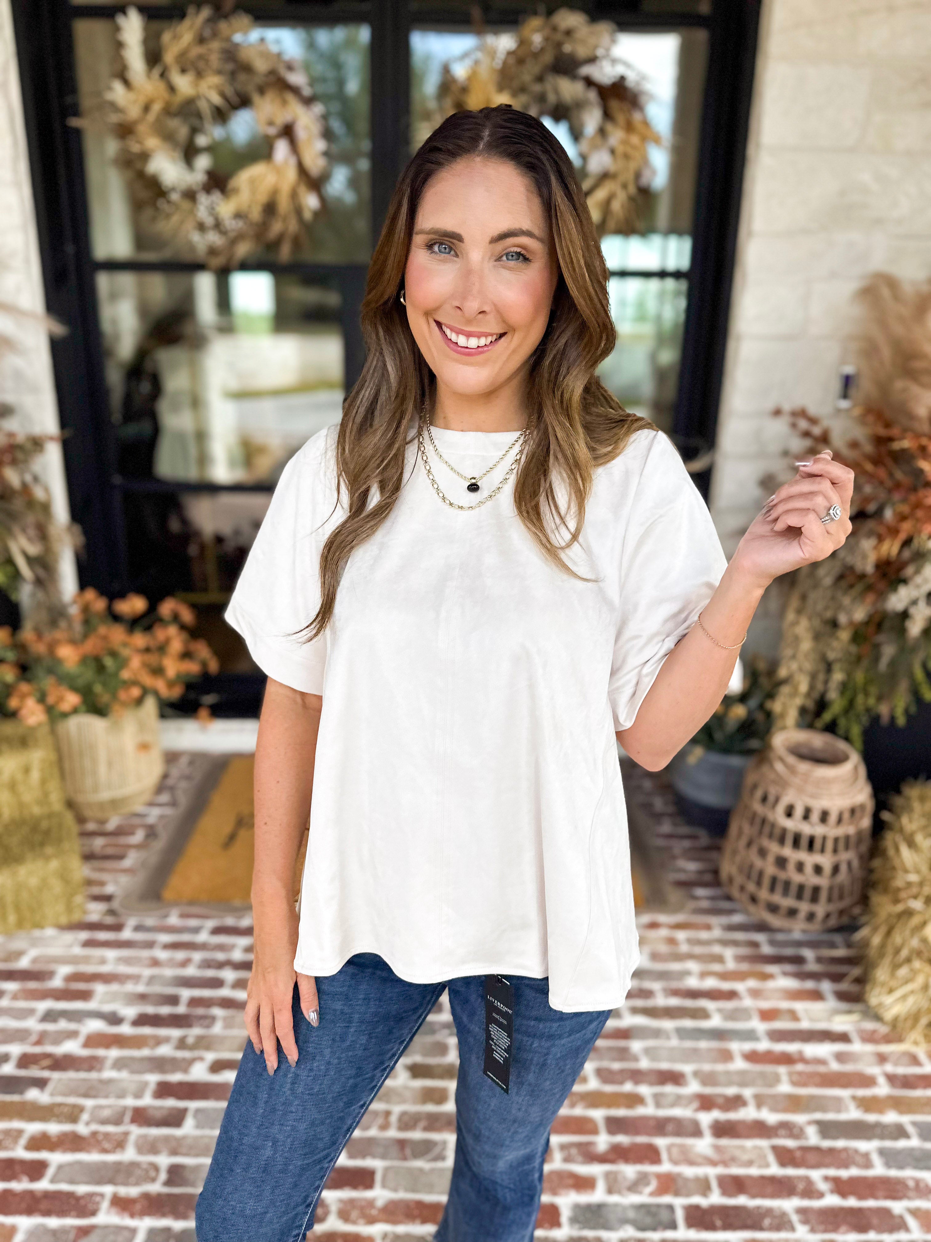 Suede Swing Blouse - Cream-200 Fashion Blouses-FATE-July & June Women's Fashion Boutique Located in San Antonio, Texas