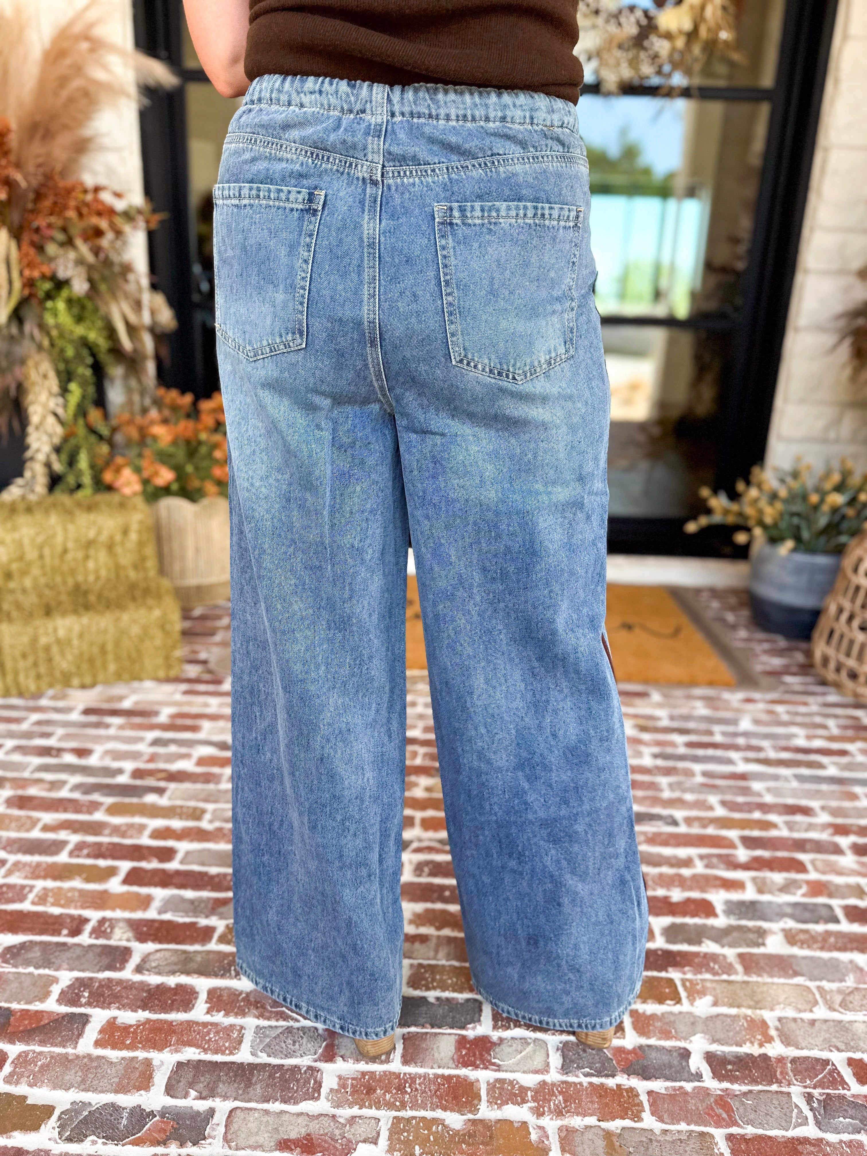 Denim & Suede Trim Drawstring Pants-400 Pants-SKIES ARE BLUE-July & June Women's Fashion Boutique Located in San Antonio, Texas