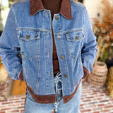 Suede Trim Denim Jacket-600 Outerwear-SKIES ARE BLUE-July & June Women's Fashion Boutique Located in San Antonio, Texas