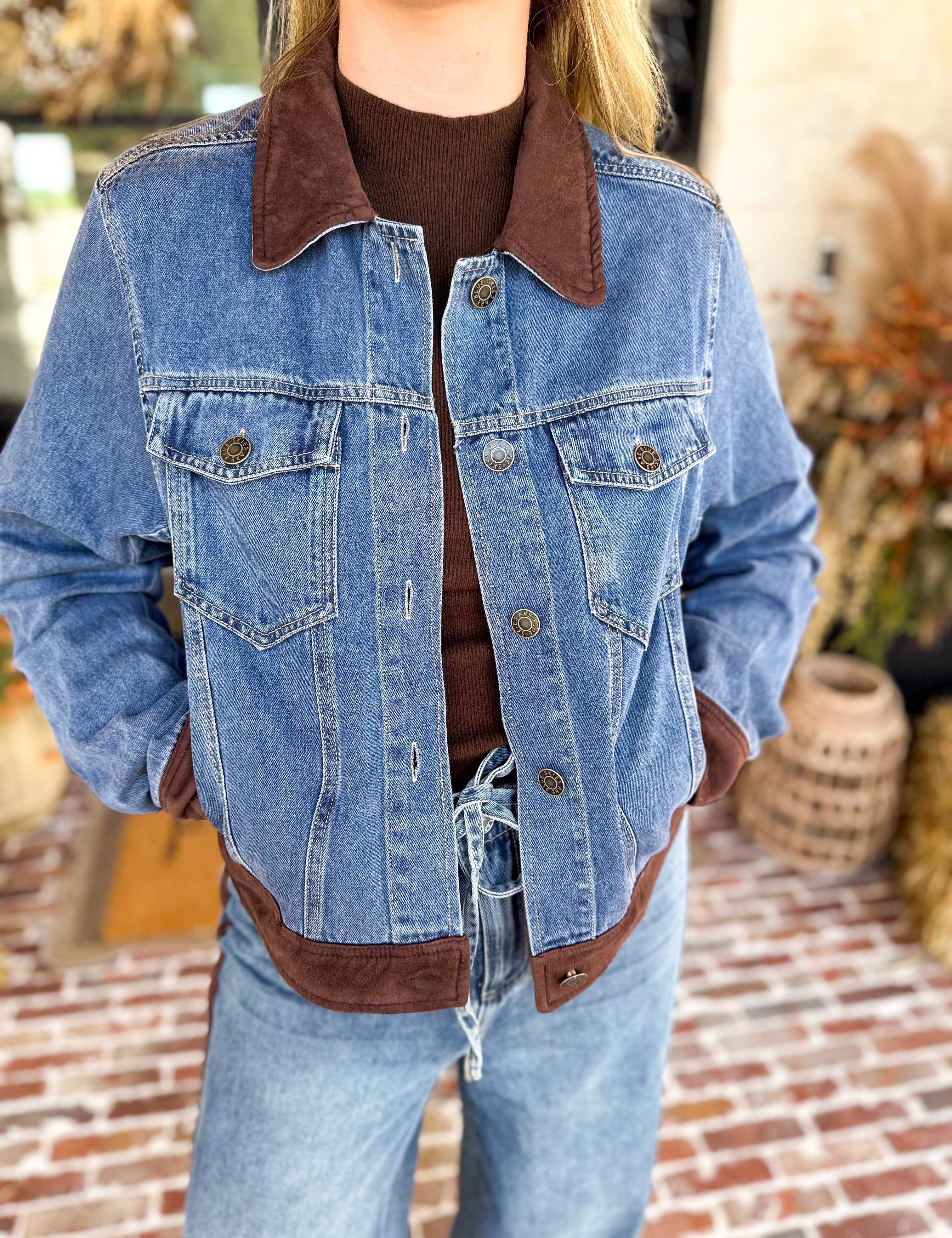 Suede Trim Denim Jacket-600 Outerwear-SKIES ARE BLUE-July & June Women's Fashion Boutique Located in San Antonio, Texas