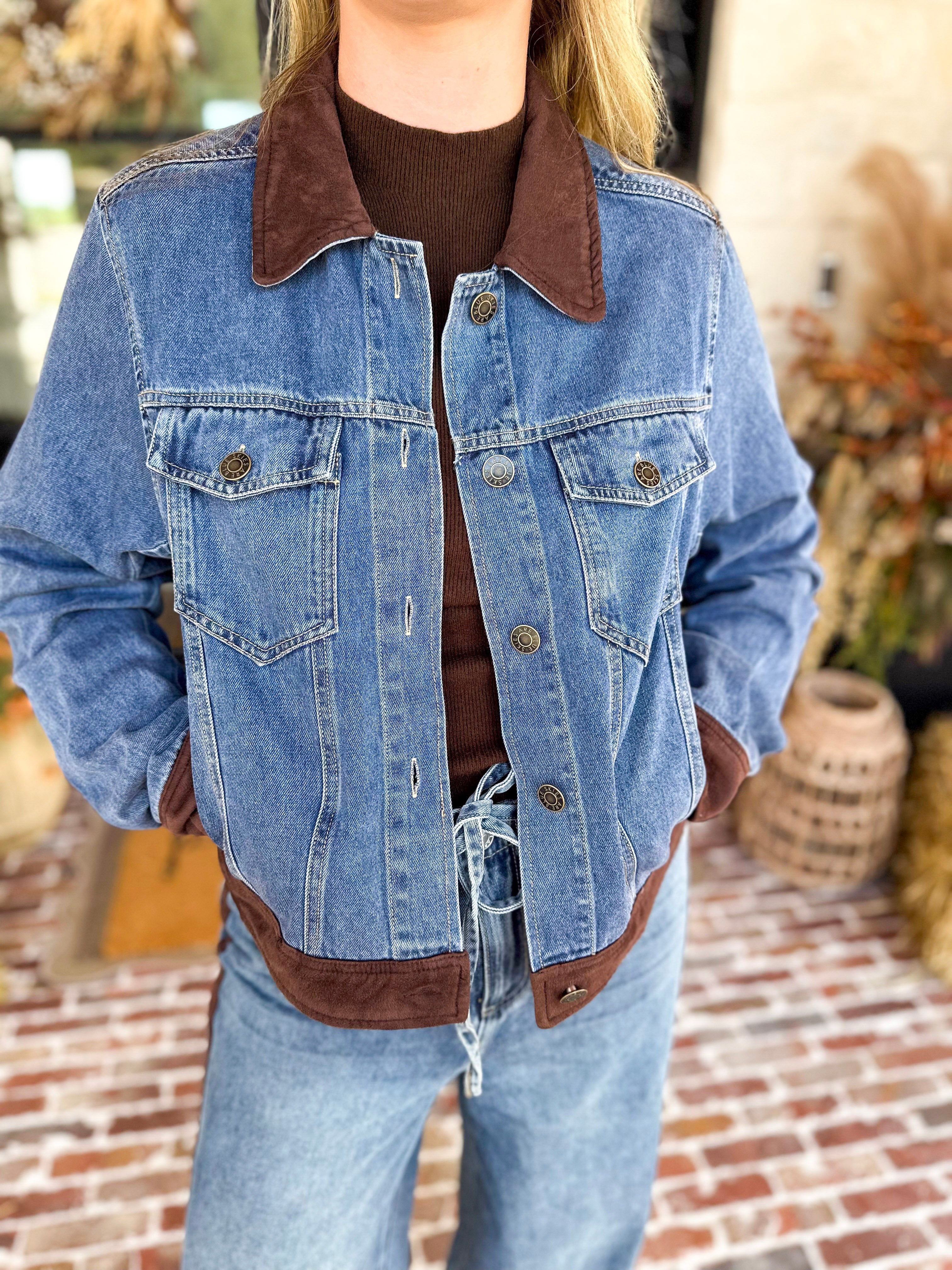 Suede Trim Denim Jacket-600 Outerwear-SKIES ARE BLUE-July & June Women's Fashion Boutique Located in San Antonio, Texas