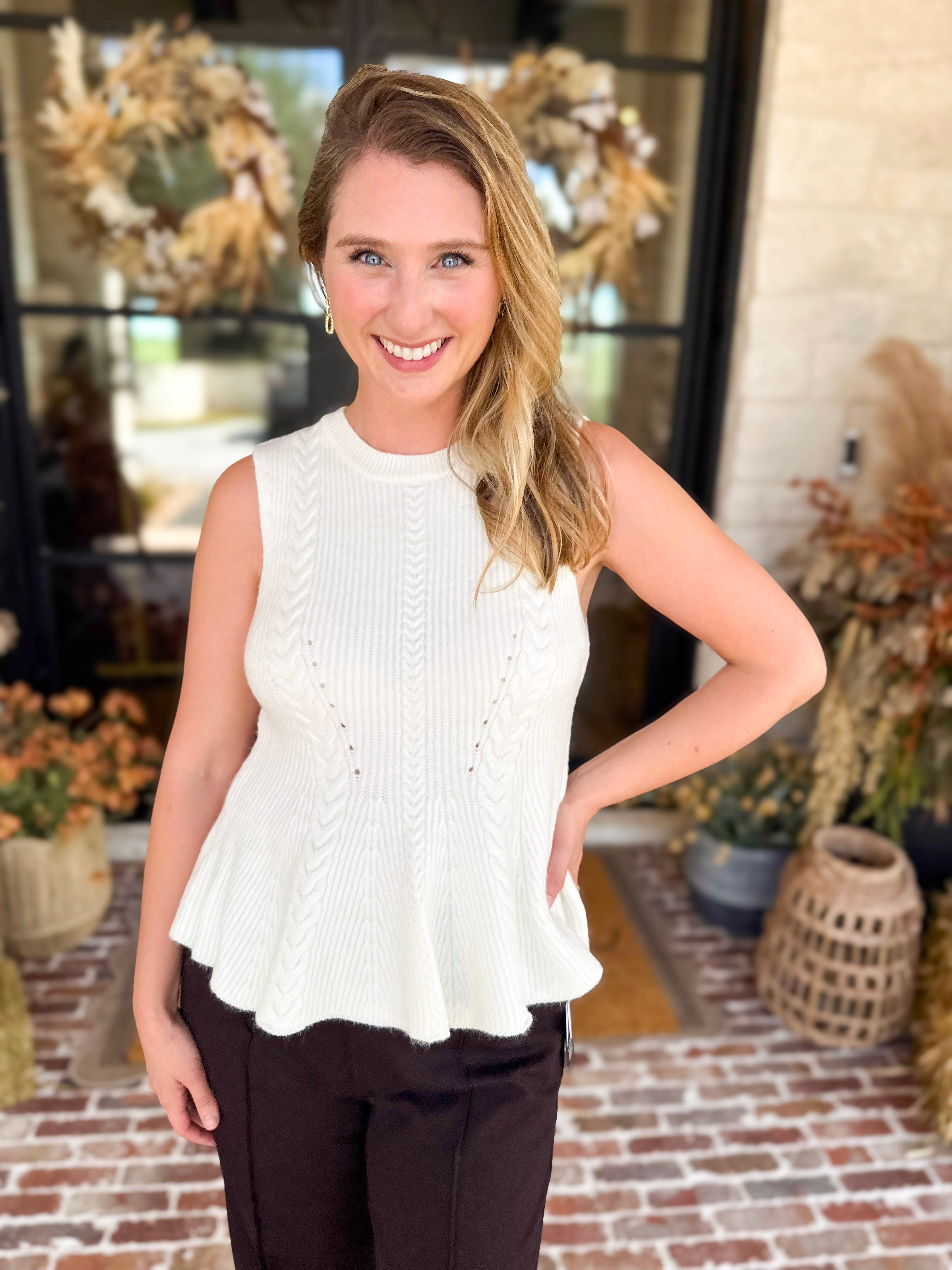 Ivory Cable Knit Sweater Tank-230 Sweaters/Cardis-STRUT & BOLT-July & June Women's Fashion Boutique Located in San Antonio, Texas