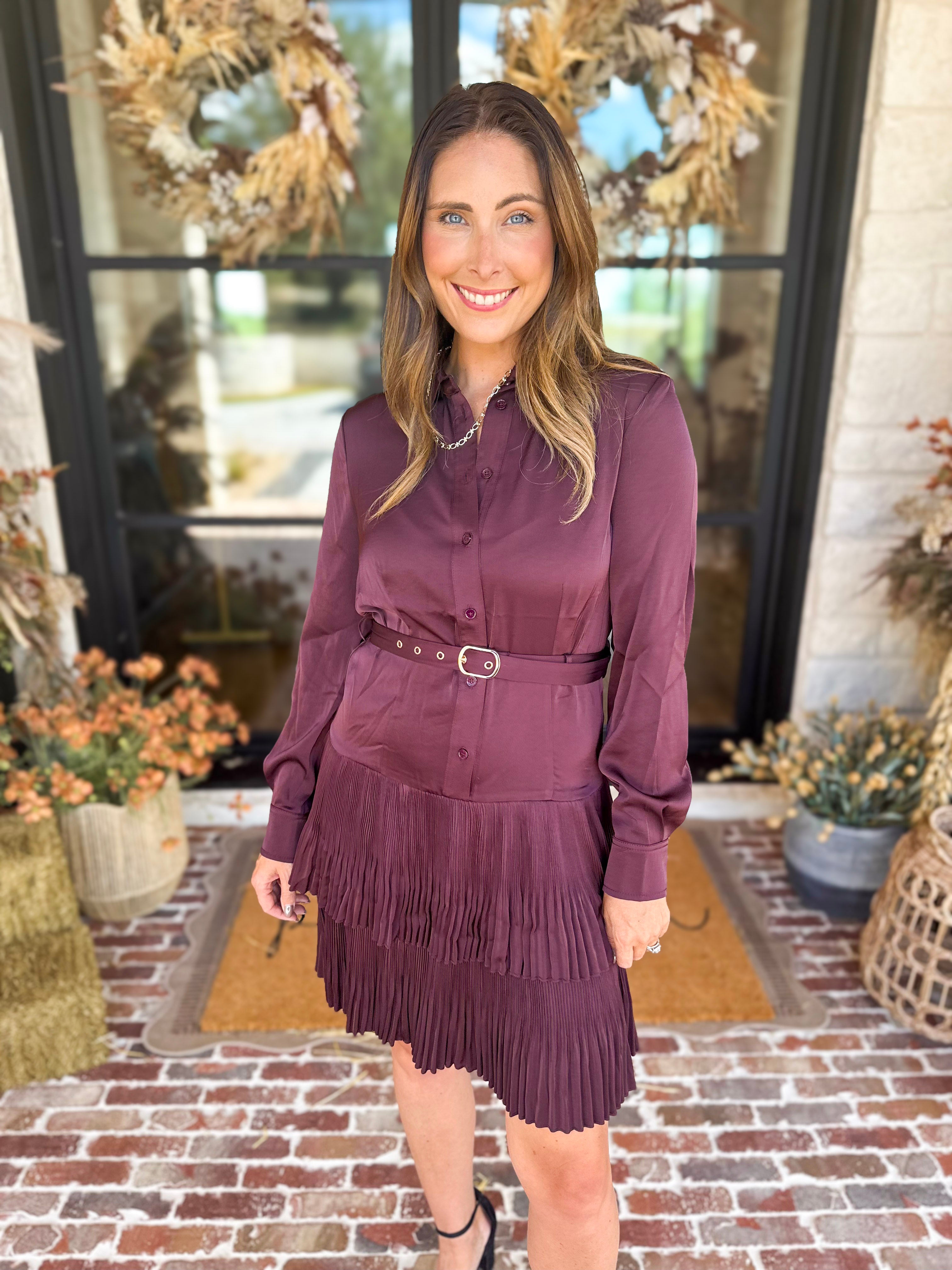 Current Air - Bordeaux Pleated Satin Mini Dress-510 Mini-CURRENT AIR CLOTHING-July & June Women's Fashion Boutique Located in San Antonio, Texas