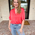 LIVERPOOL - Short Sleeve Satin Top - Sunset Coral-200 Fashion Blouses-LIVERPOOL JEANS COMPANY-July & June Women's Fashion Boutique Located in San Antonio, Texas