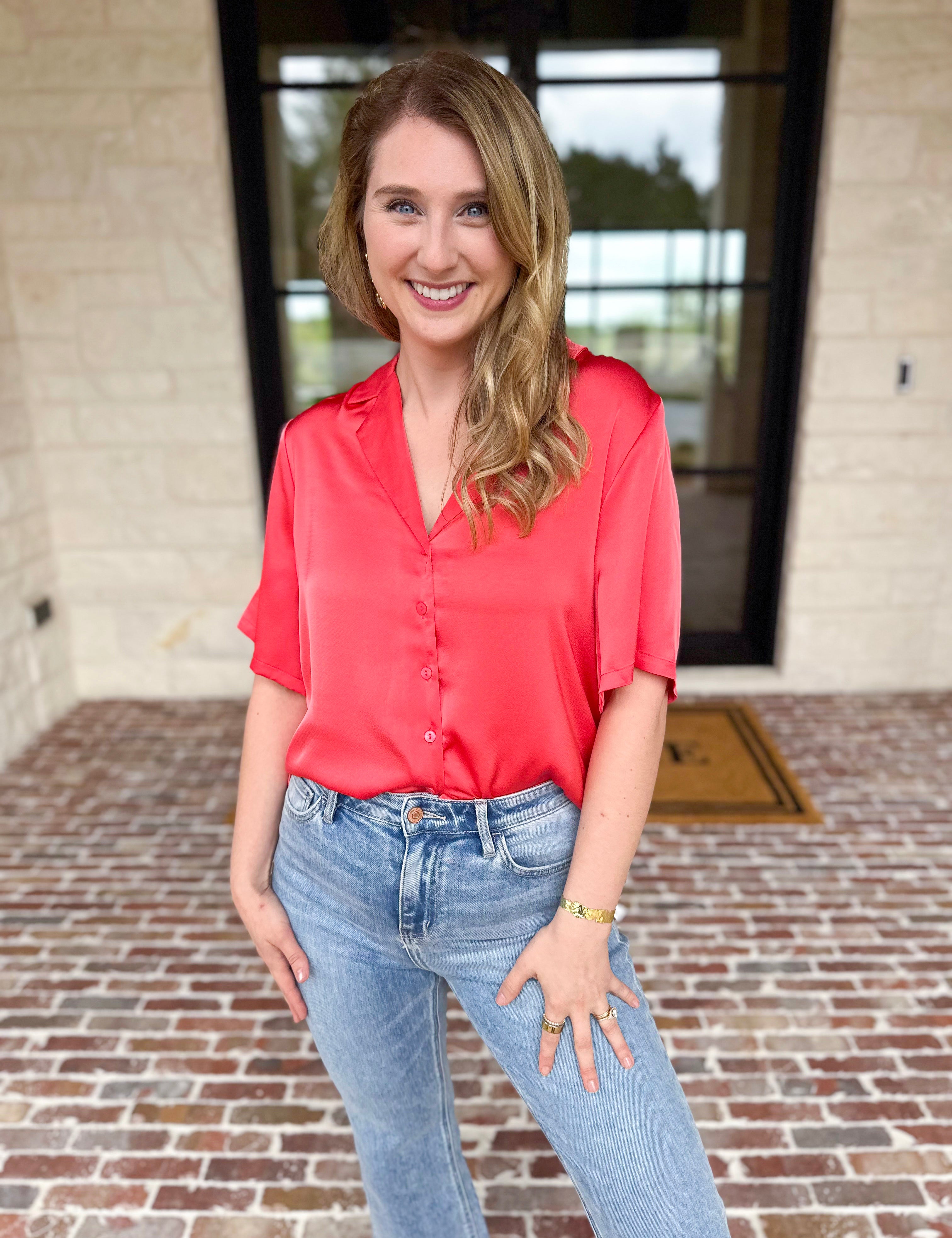 LIVERPOOL - Short Sleeve Satin Top - Sunset Coral-200 Fashion Blouses-LIVERPOOL JEANS COMPANY-July & June Women's Fashion Boutique Located in San Antonio, Texas
