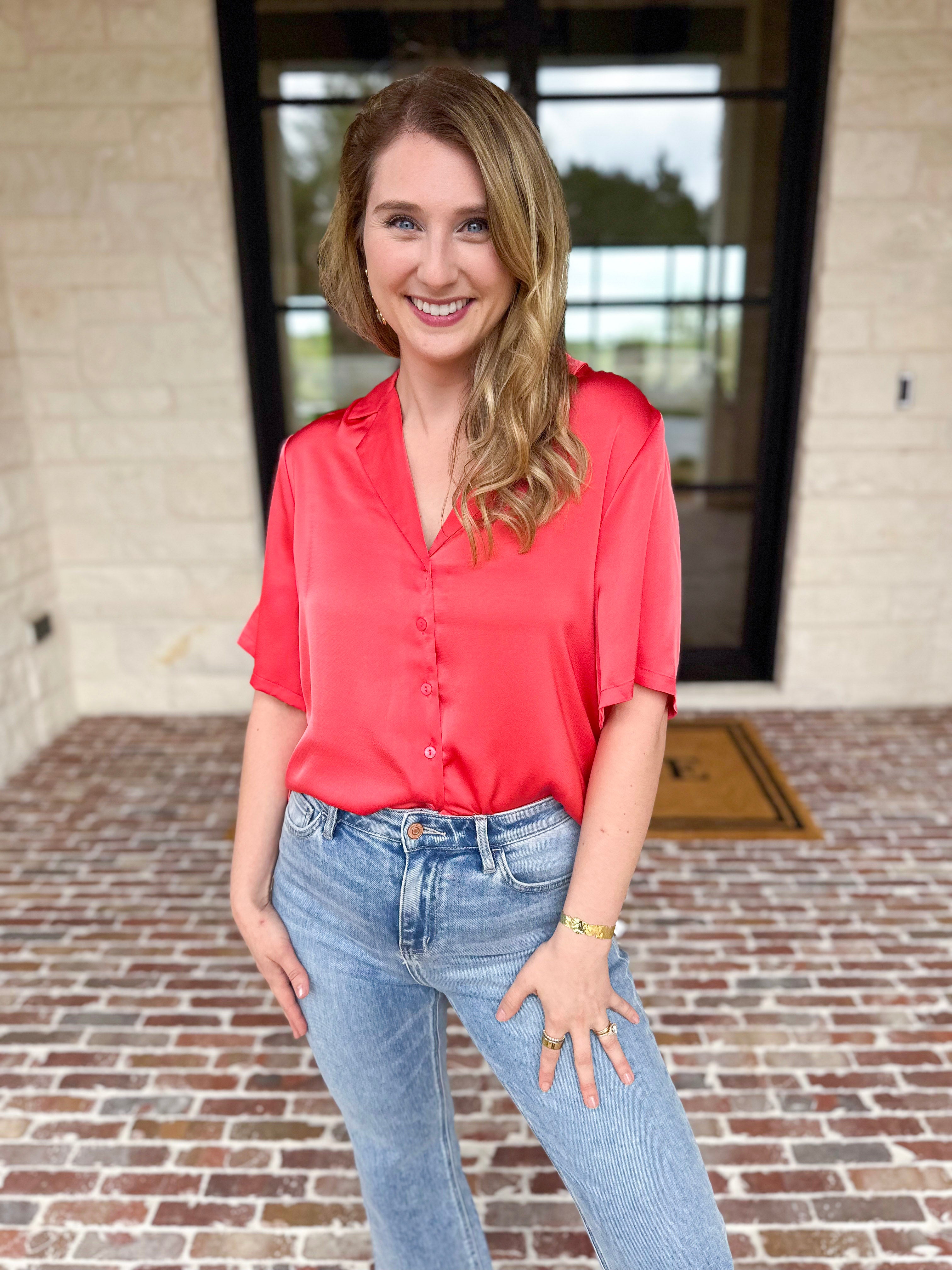 LIVERPOOL - Short Sleeve Satin Top - Sunset Coral-200 Fashion Blouses-LIVERPOOL JEANS COMPANY-July & June Women's Fashion Boutique Located in San Antonio, Texas