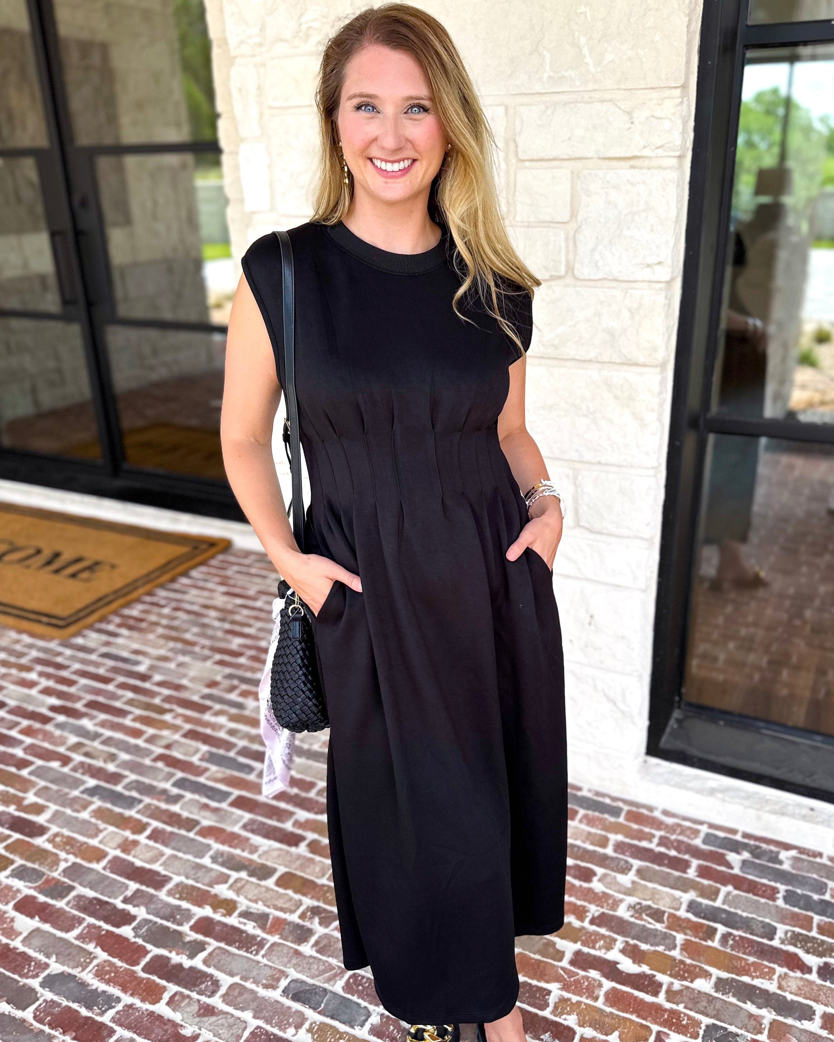 Polished Pin-Tuck Midi Dress-500 Midi-ENTRO-July & June Women's Fashion Boutique Located in San Antonio, Texas
