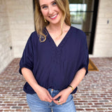Braided Blouse - Navy-200 Fashion Blouses-ENTRO-July & June Women's Fashion Boutique Located in San Antonio, Texas