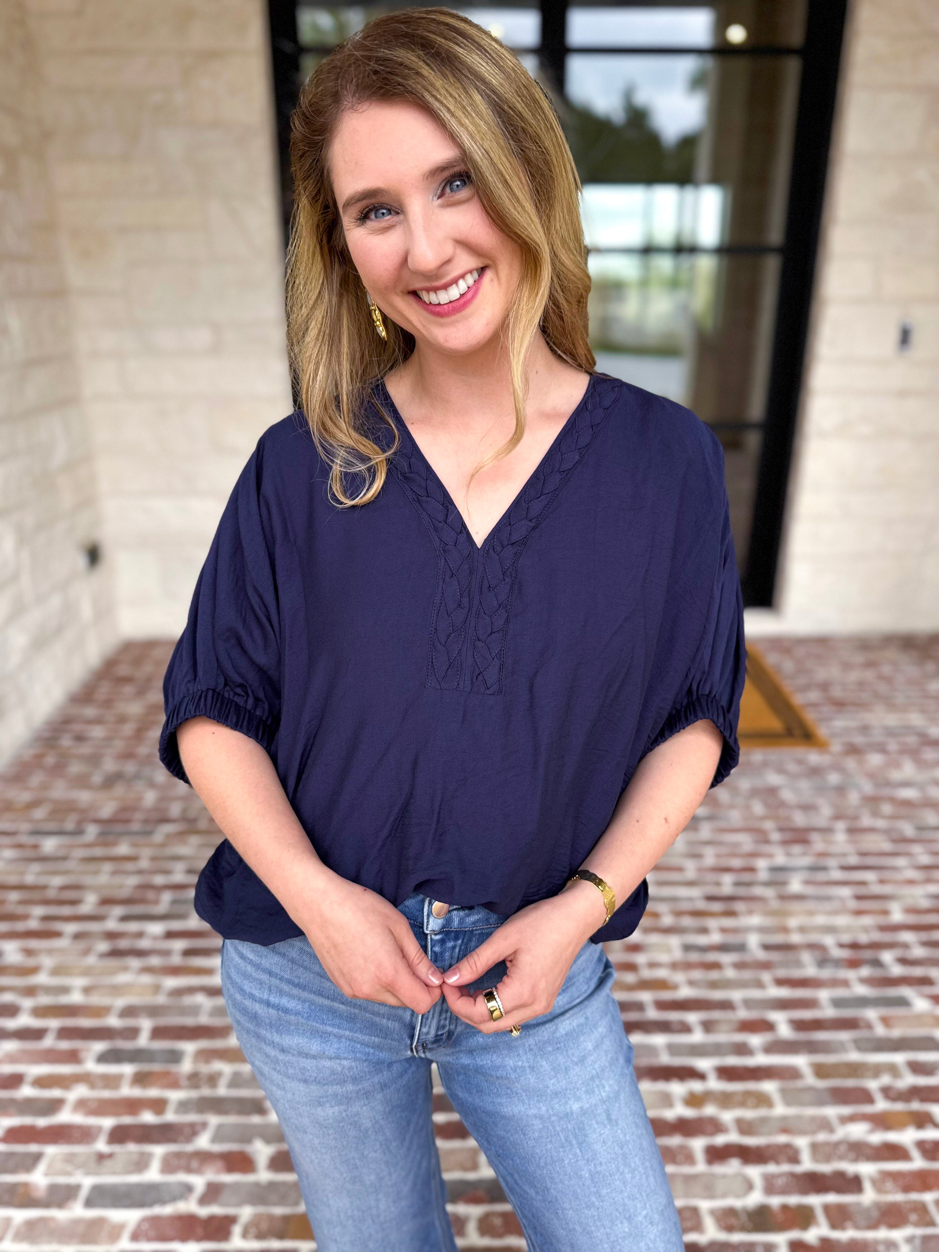 Braided Blouse - Navy-200 Fashion Blouses-ENTRO-July & June Women's Fashion Boutique Located in San Antonio, Texas