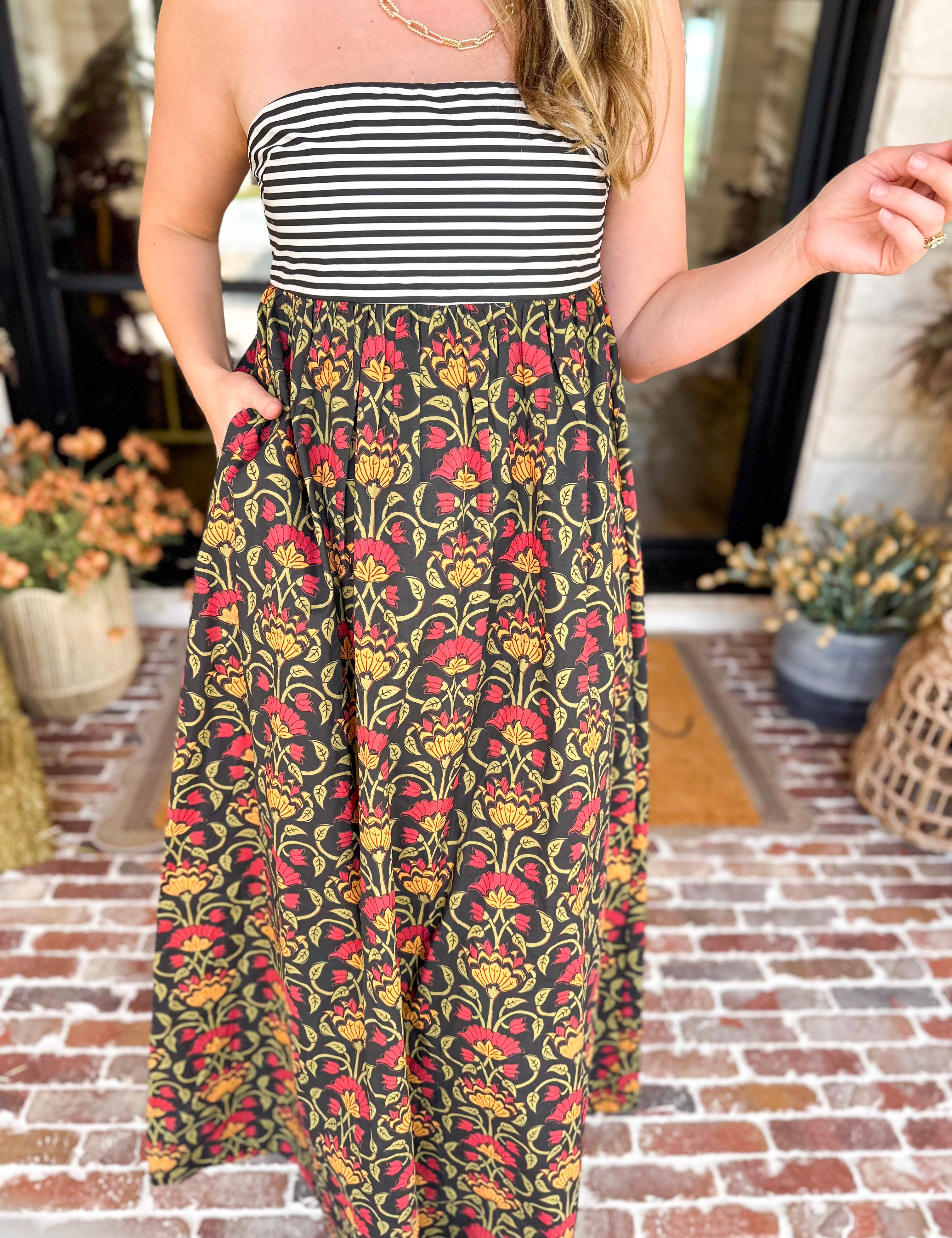 Floral & Stripes Strapless Maxi Dress-500 Midi-TCEC-July & June Women's Fashion Boutique Located in San Antonio, Texas