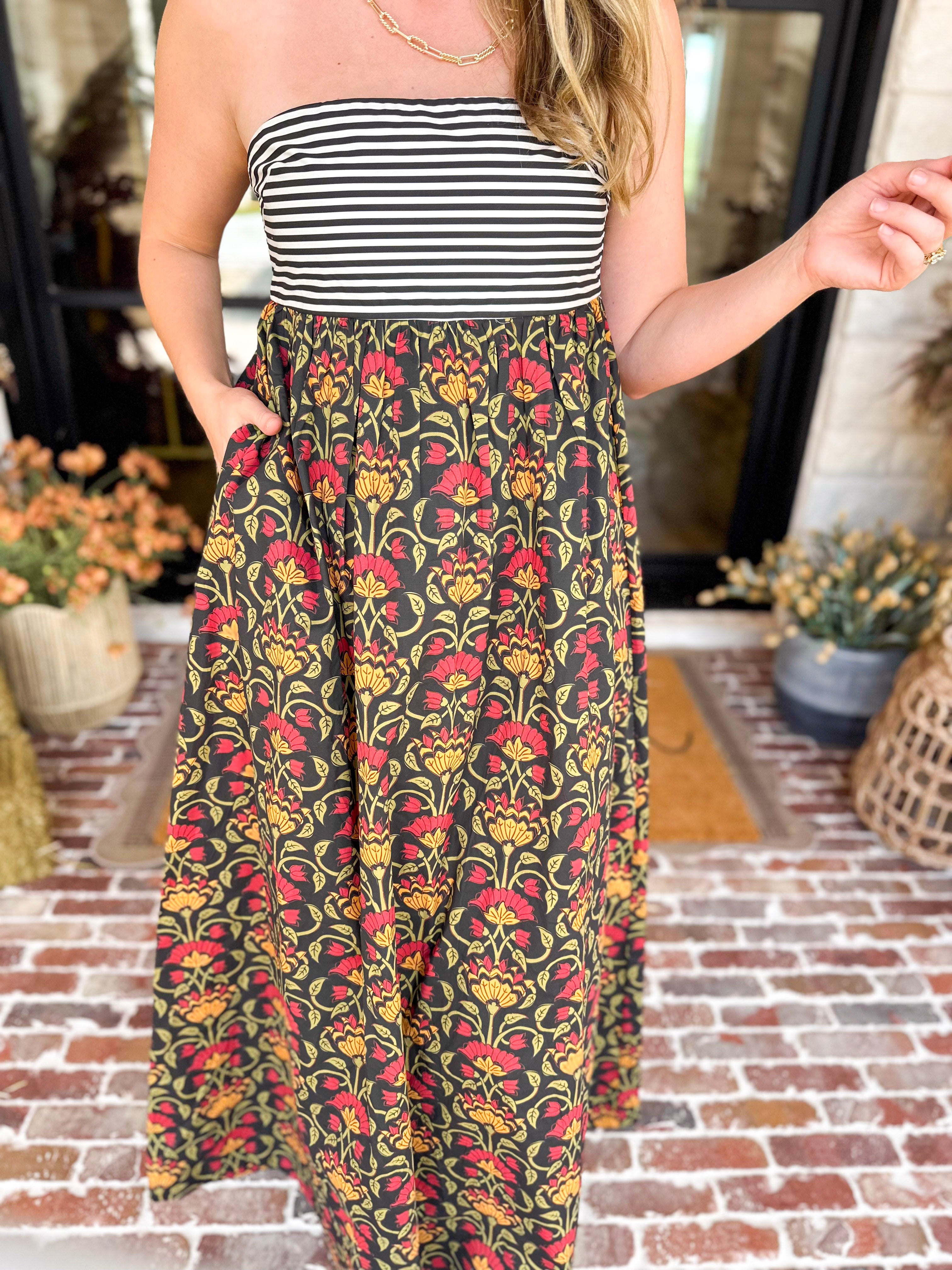 Floral & Stripes Strapless Maxi Dress-500 Midi-TCEC-July & June Women's Fashion Boutique Located in San Antonio, Texas