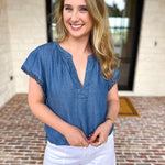 Current Air - Chambray Details Blouse-200 Fashion Blouses-CURRENT AIR CLOTHING-July & June Women's Fashion Boutique Located in San Antonio, Texas