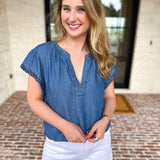Current Air - Chambray Details Blouse-200 Fashion Blouses-CURRENT AIR CLOTHING-July & June Women's Fashion Boutique Located in San Antonio, Texas