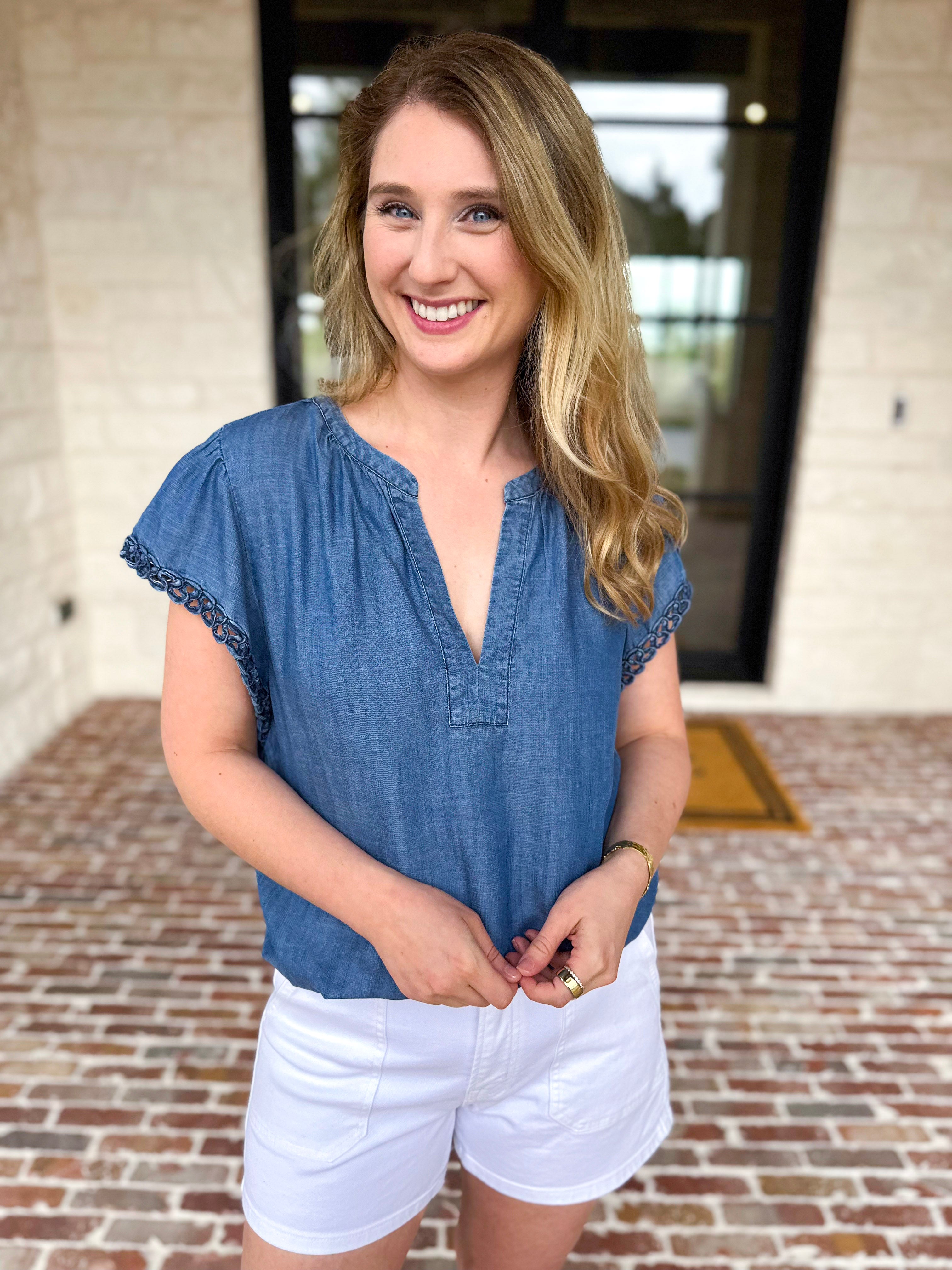 Current Air - Chambray Details Blouse-200 Fashion Blouses-CURRENT AIR CLOTHING-July & June Women's Fashion Boutique Located in San Antonio, Texas