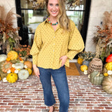 Golden Bubble Sleeve Blouse-200 Fashion Blouses-JODIFL-July & June Women's Fashion Boutique Located in San Antonio, Texas