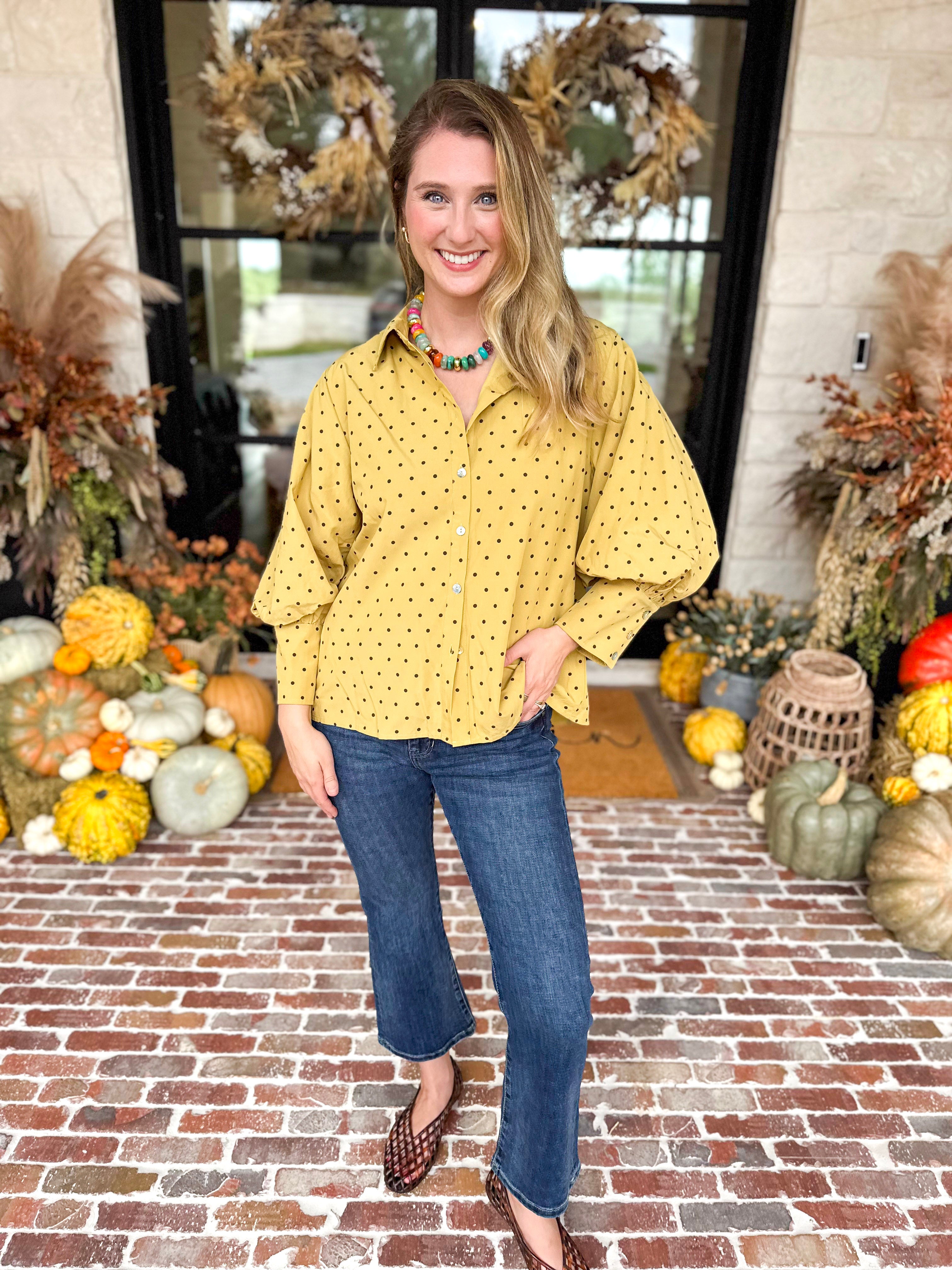 Golden Bubble Sleeve Blouse-200 Fashion Blouses-JODIFL-July & June Women's Fashion Boutique Located in San Antonio, Texas