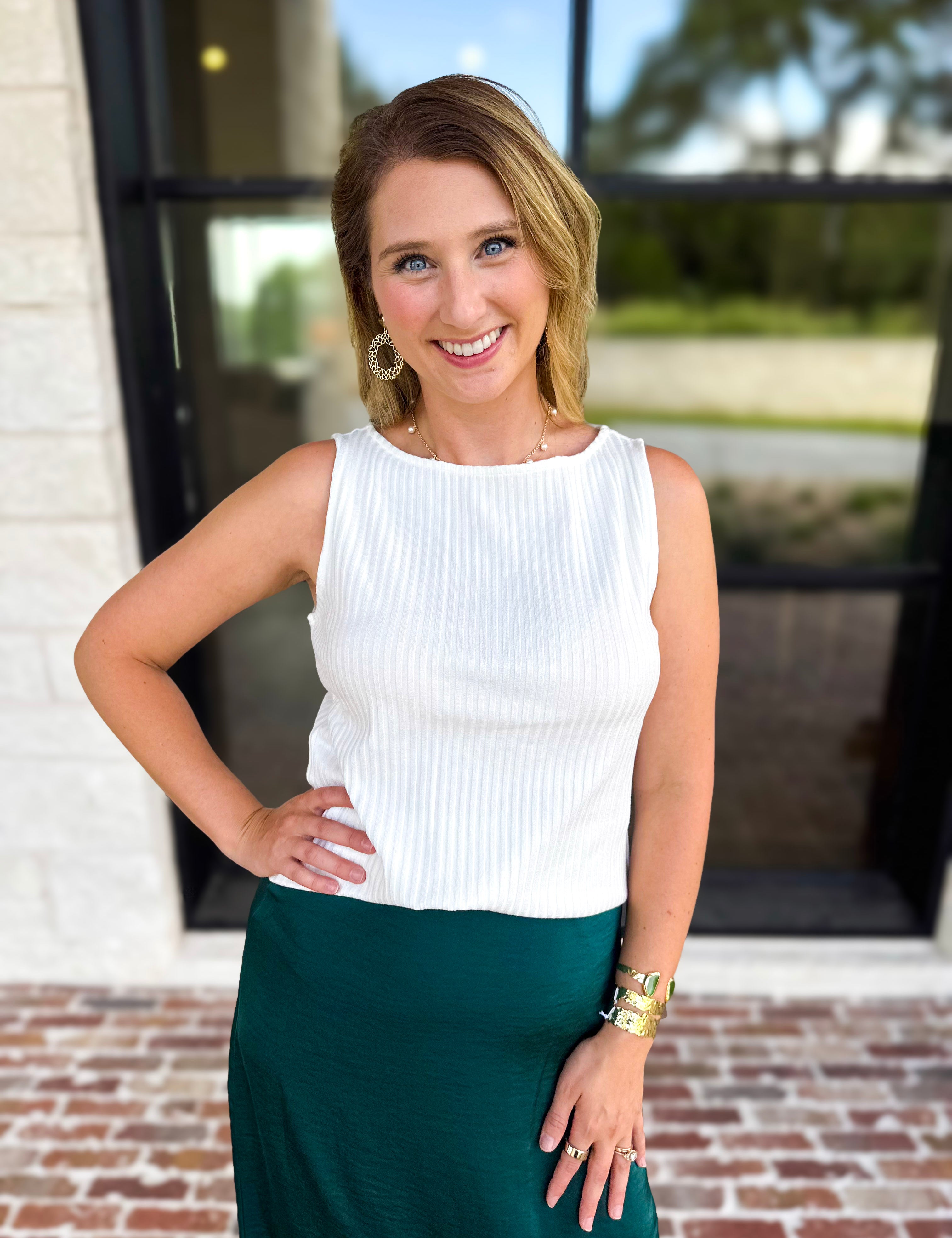 Liverpool - Classic Boatneck Knit Tank - White-210 Casual Blouses-LIVERPOOL JEANS COMPANY-July & June Women's Fashion Boutique Located in San Antonio, Texas