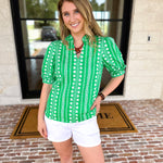 Mary Square - Colette Heritage Green Blouse-200 Fashion Blouses-MARY SQUARE-July & June Women's Fashion Boutique Located in San Antonio, Texas