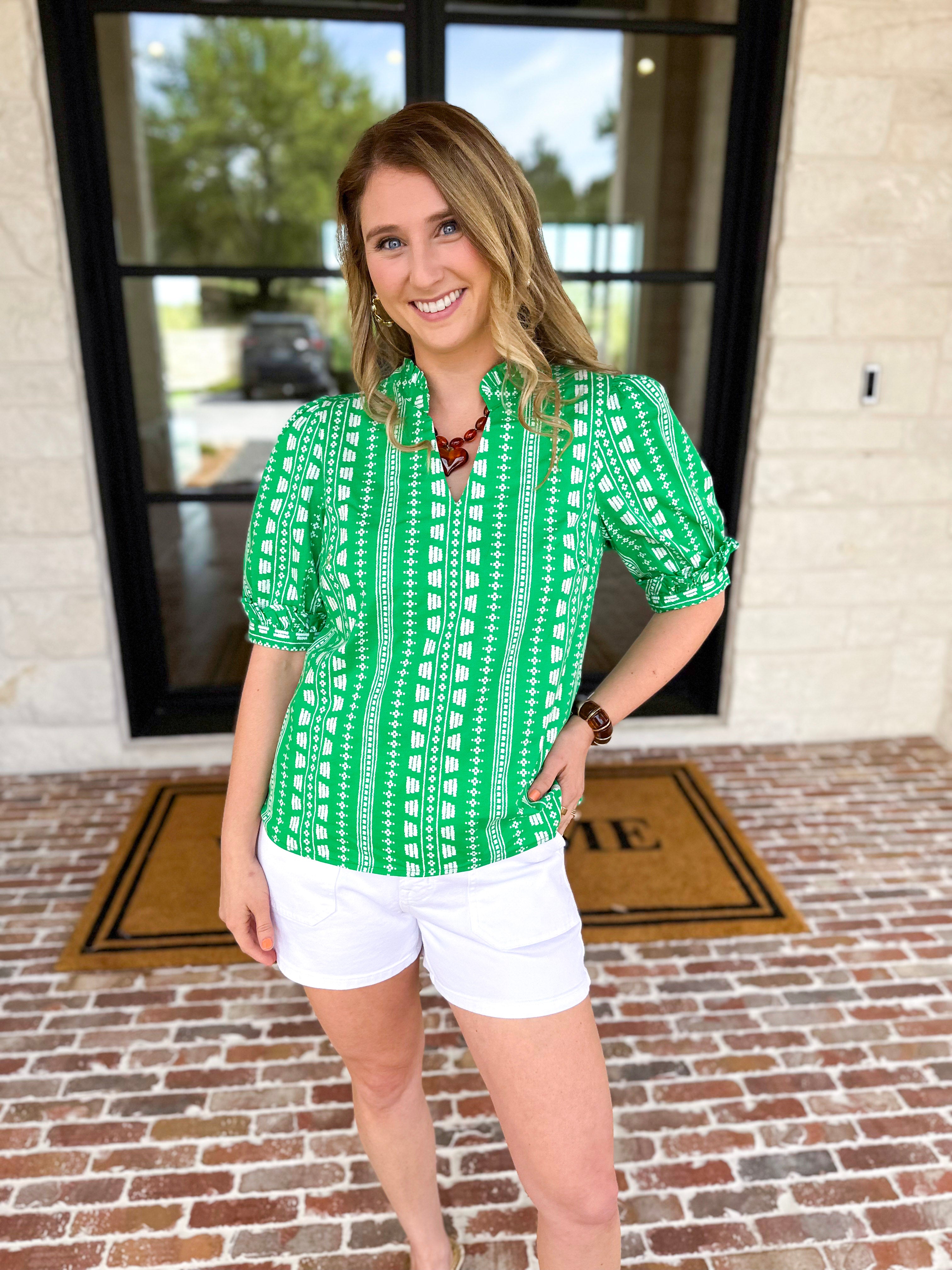 Mary Square - Colette Heritage Green Blouse-200 Fashion Blouses-MARY SQUARE-July & June Women's Fashion Boutique Located in San Antonio, Texas