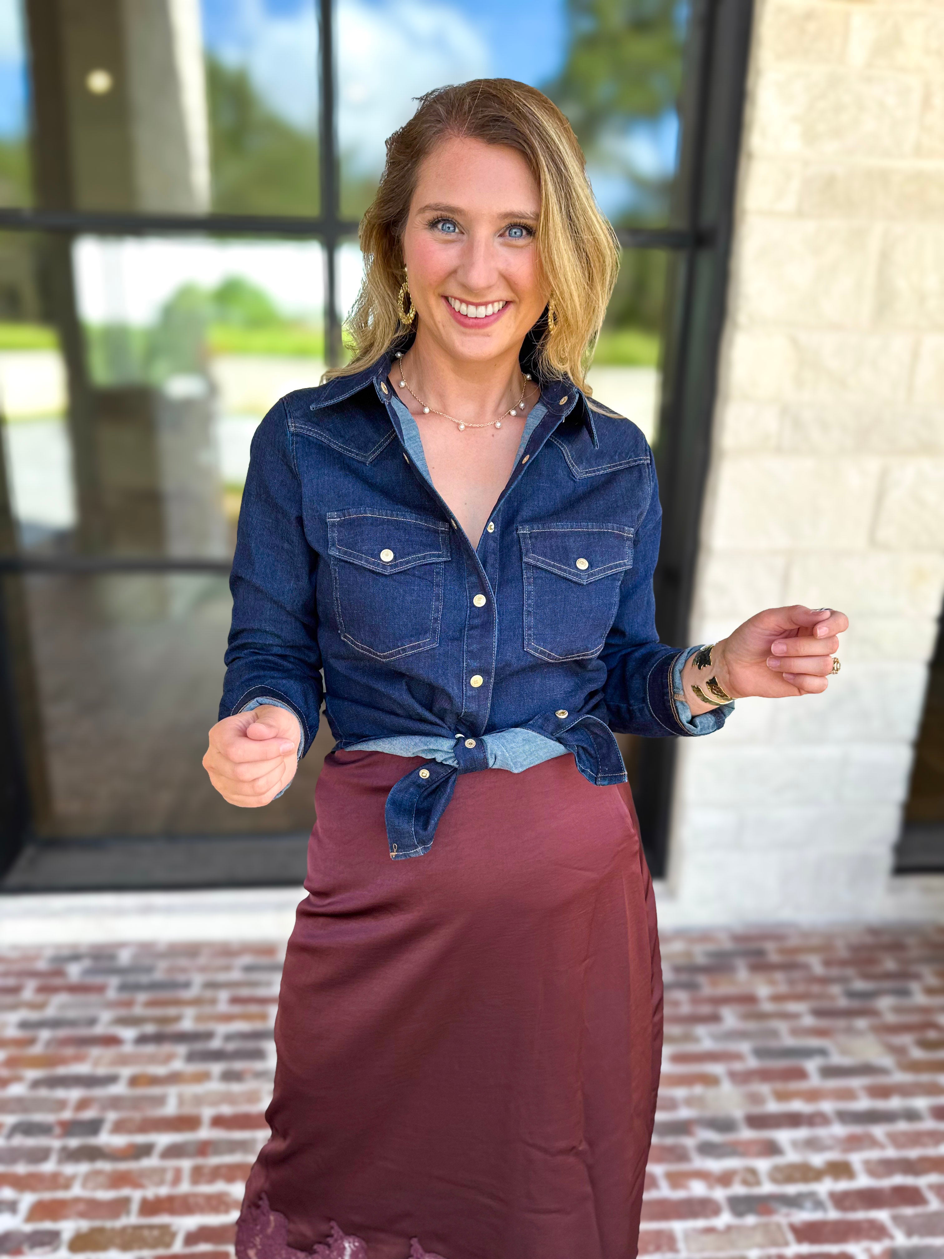 Liverpool - The Dakota Denim Button Down-200 Fashion Blouses-LIVERPOOL JEANS COMPANY-July & June Women's Fashion Boutique Located in San Antonio, Texas