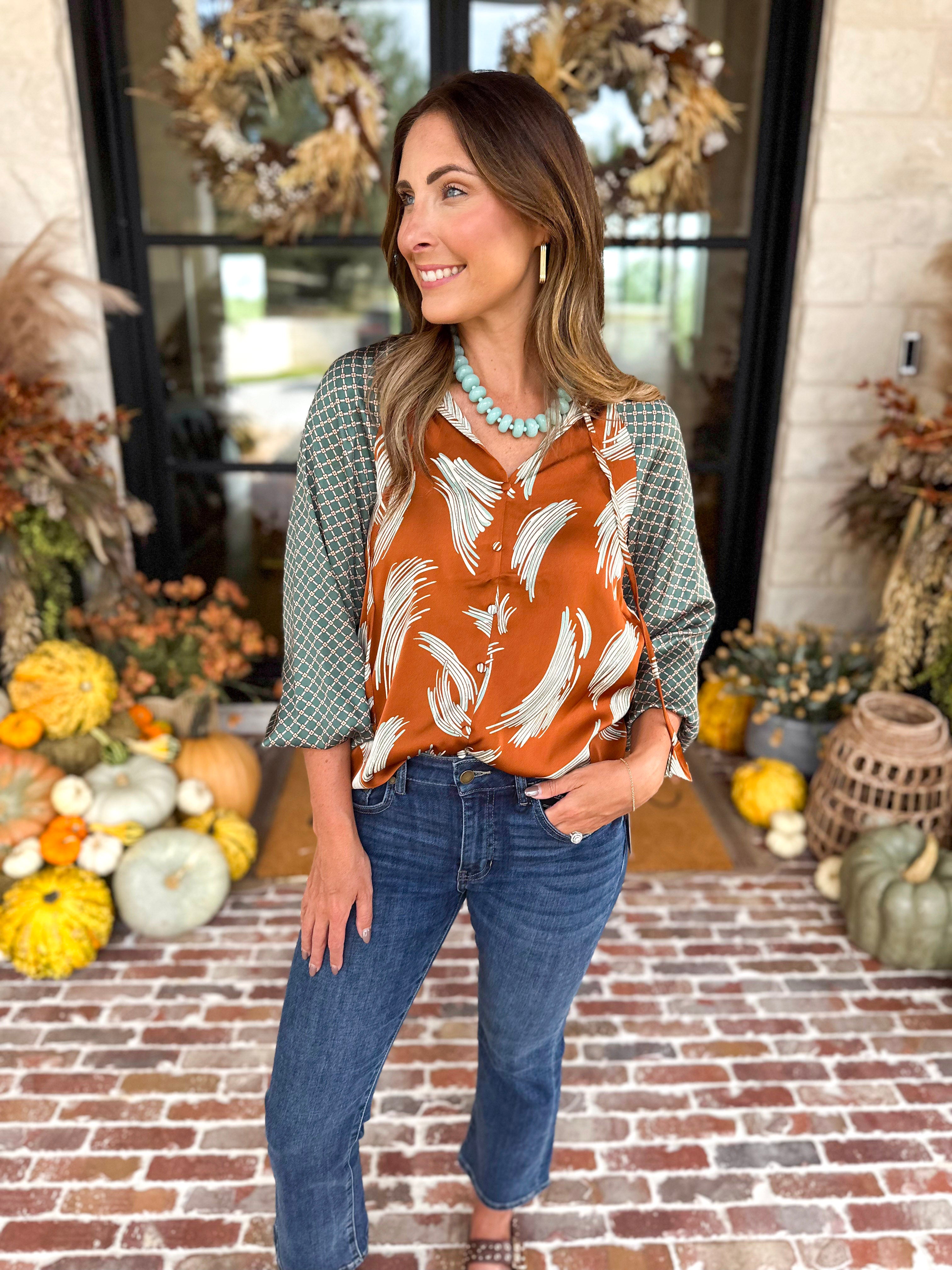 THML - Autumn Pattern Play Blouse-200 Fashion Blouses-THML-July & June Women's Fashion Boutique Located in San Antonio, Texas