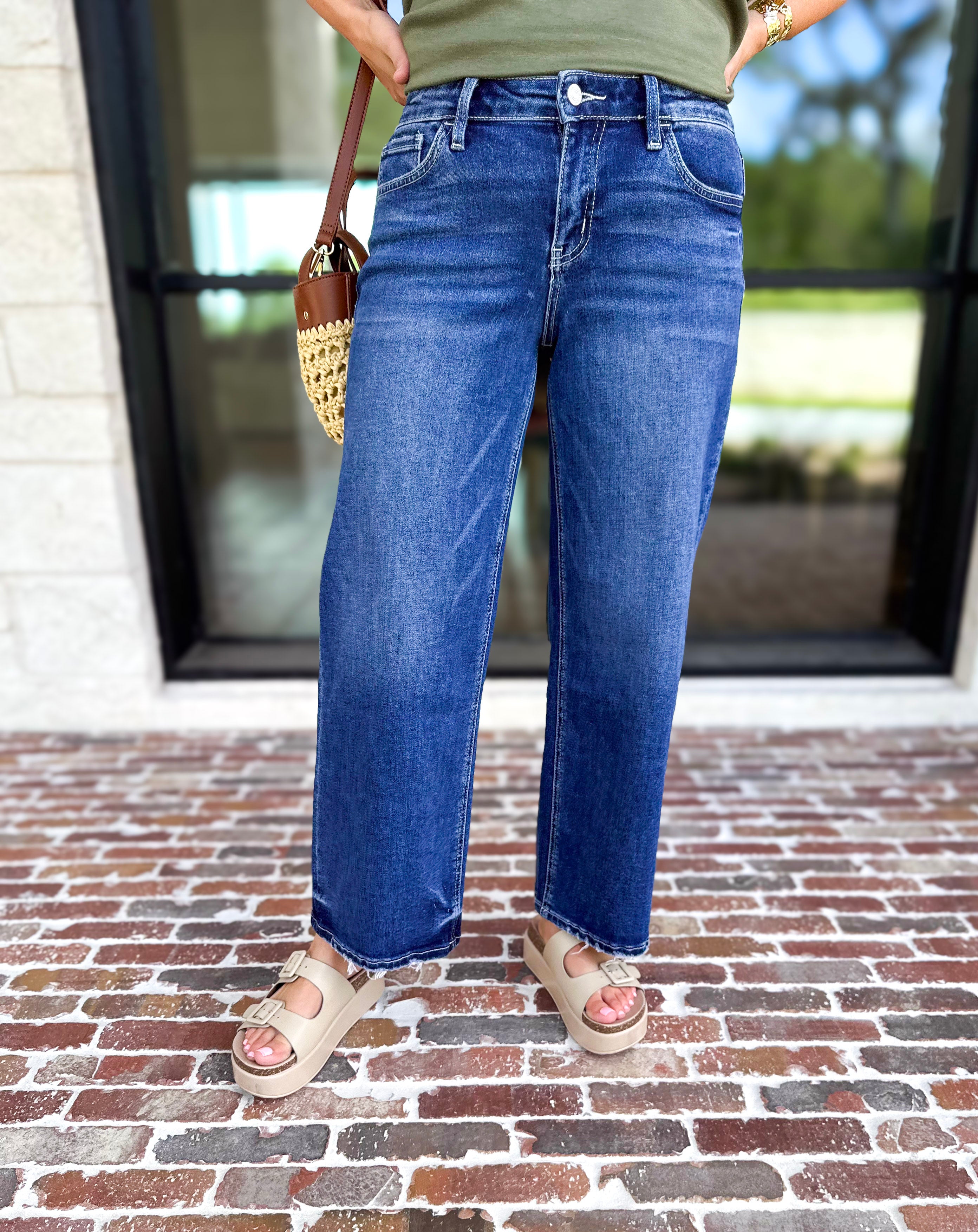 Vervet - Mid Rise Dark Wash Ankle Wide Leg Jeans-420 Denim-VEVERT BY FLYING MONKEY-July & June Women's Fashion Boutique Located in San Antonio, Texas