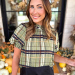 THML - Groves Plaid Ruffle Neck Blouse-200 Fashion Blouses-THML-July & June Women's Fashion Boutique Located in San Antonio, Texas