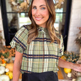 THML - Groves Plaid Ruffle Neck Blouse-200 Fashion Blouses-THML-July & June Women's Fashion Boutique Located in San Antonio, Texas