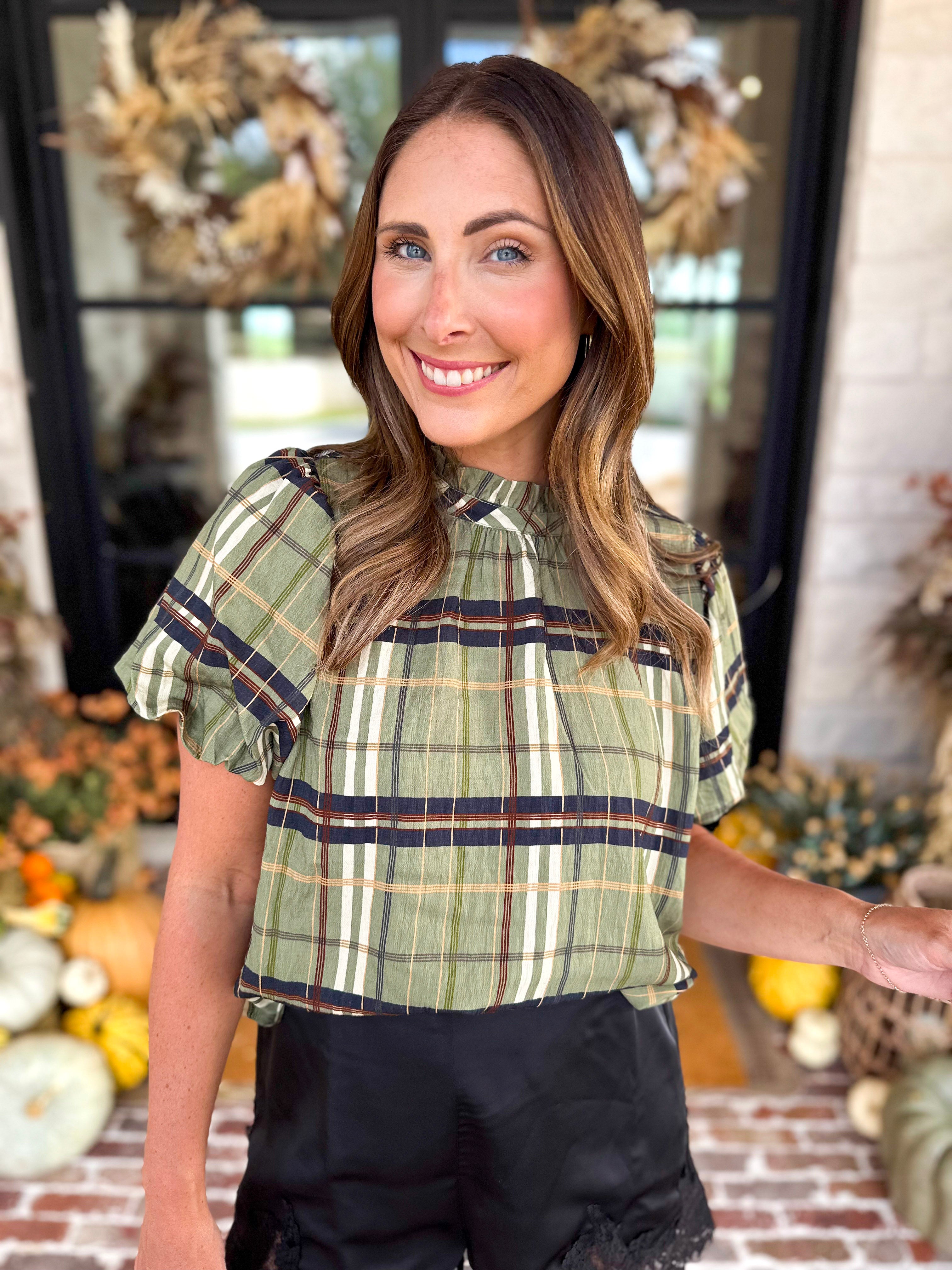 THML - Groves Plaid Ruffle Neck Blouse-200 Fashion Blouses-THML-July & June Women's Fashion Boutique Located in San Antonio, Texas