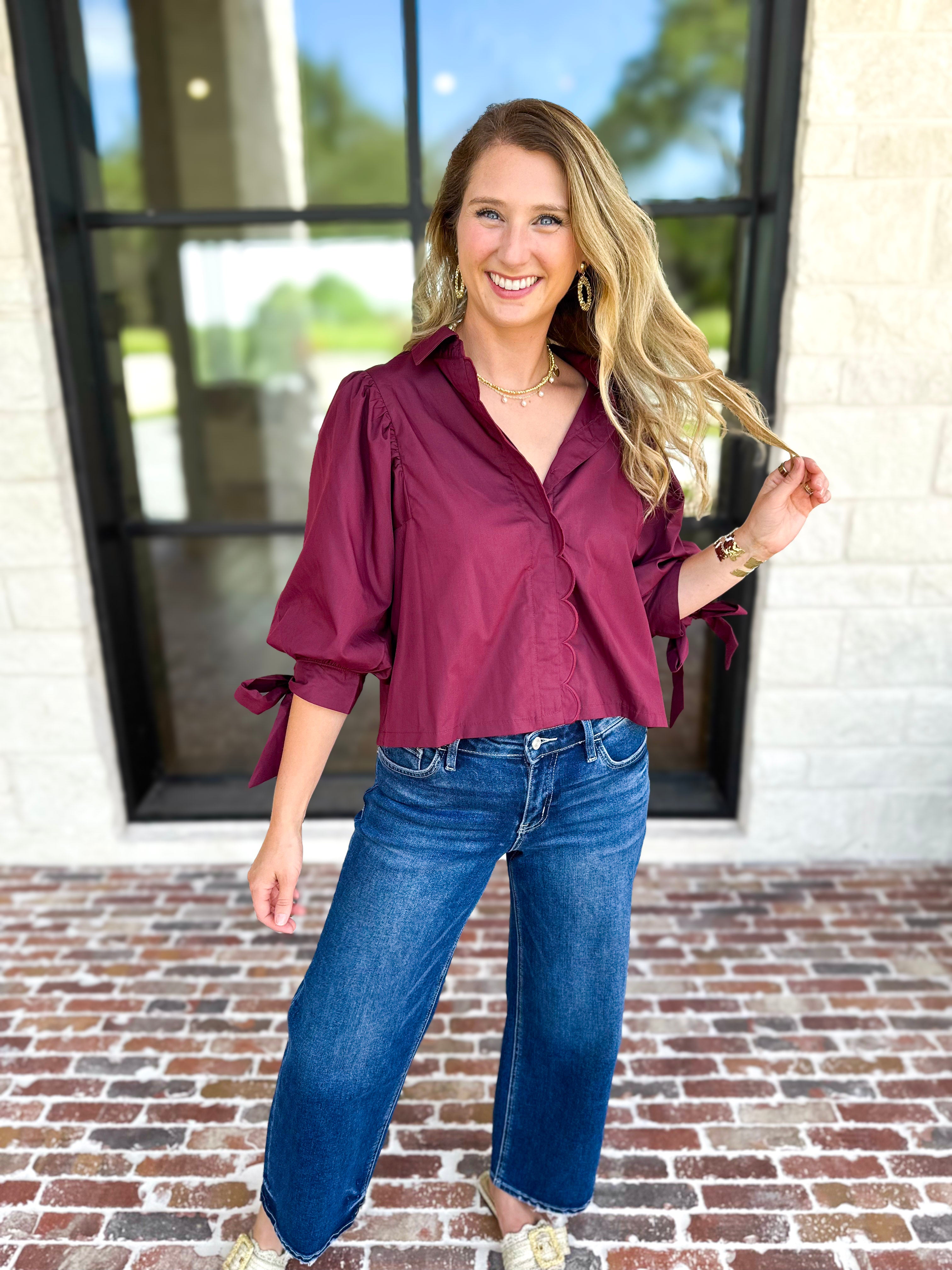 The Campbell Button Down Blouse - Merlot-200 Fashion Blouses-ENTRO-July & June Women's Fashion Boutique Located in San Antonio, Texas