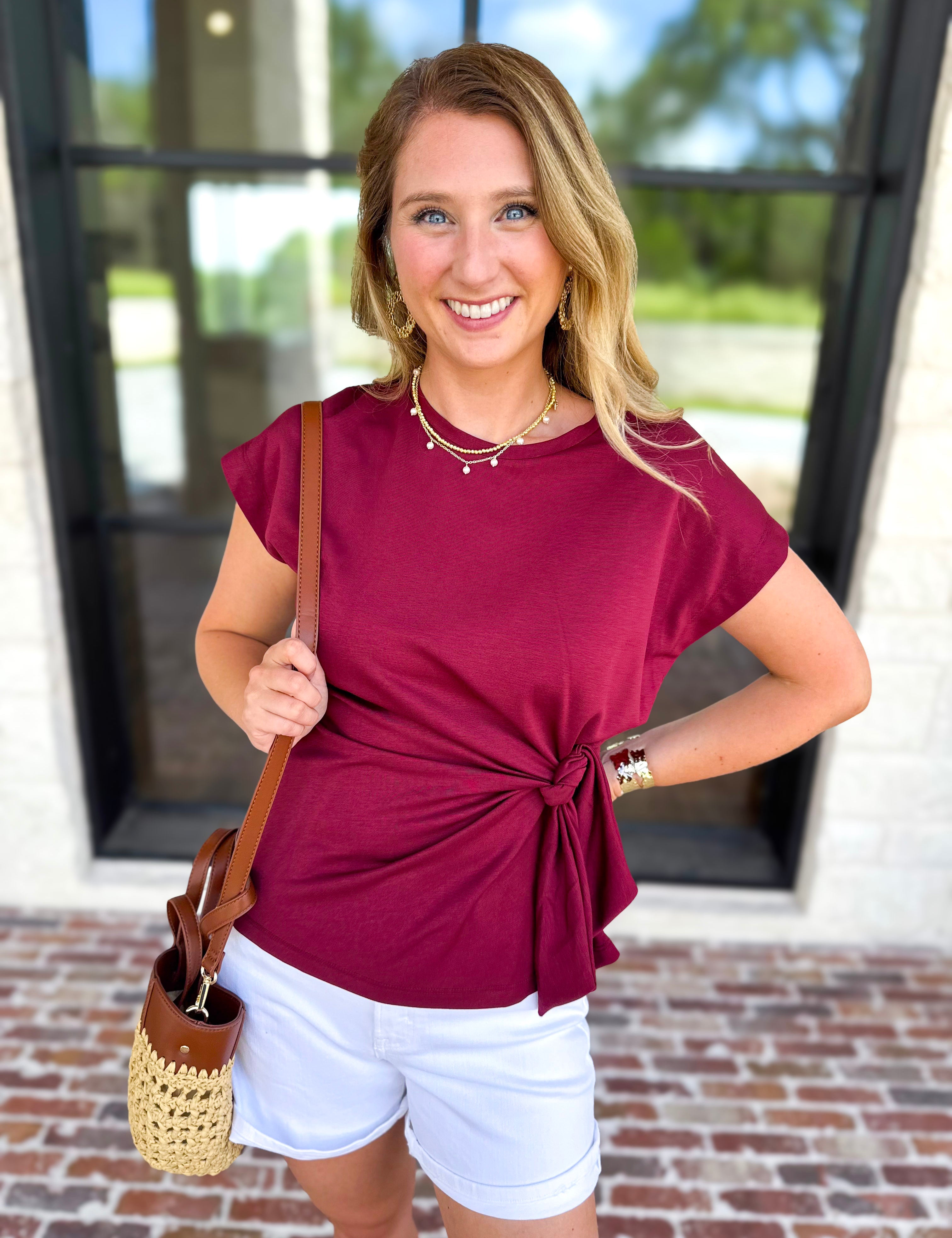 Essentials Knotted Blouse - Merlot-200 Fashion Blouses-ENTRO-July & June Women's Fashion Boutique Located in San Antonio, Texas