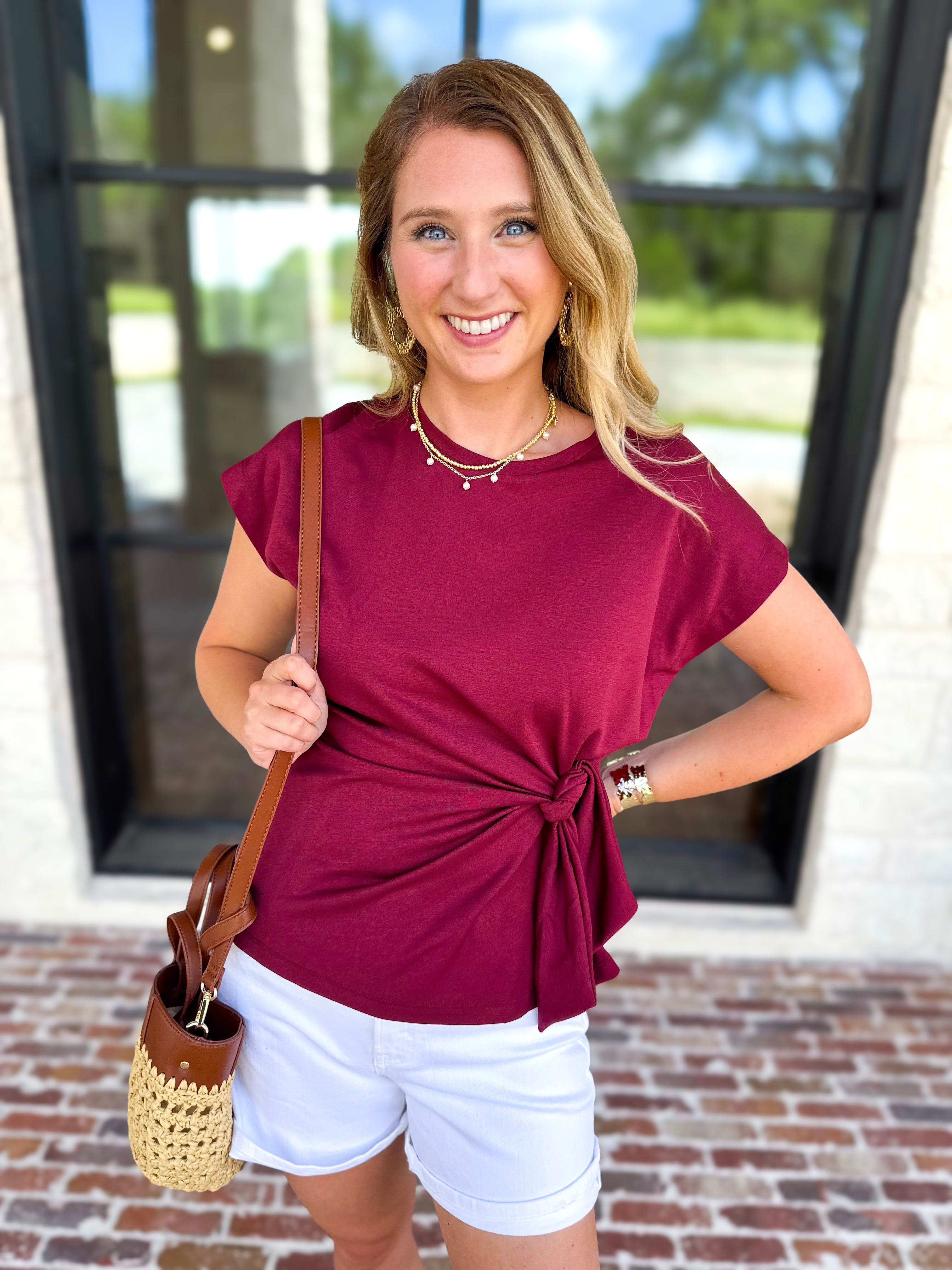 Essentials Knotted Blouse - Merlot-200 Fashion Blouses-ENTRO-July & June Women's Fashion Boutique Located in San Antonio, Texas