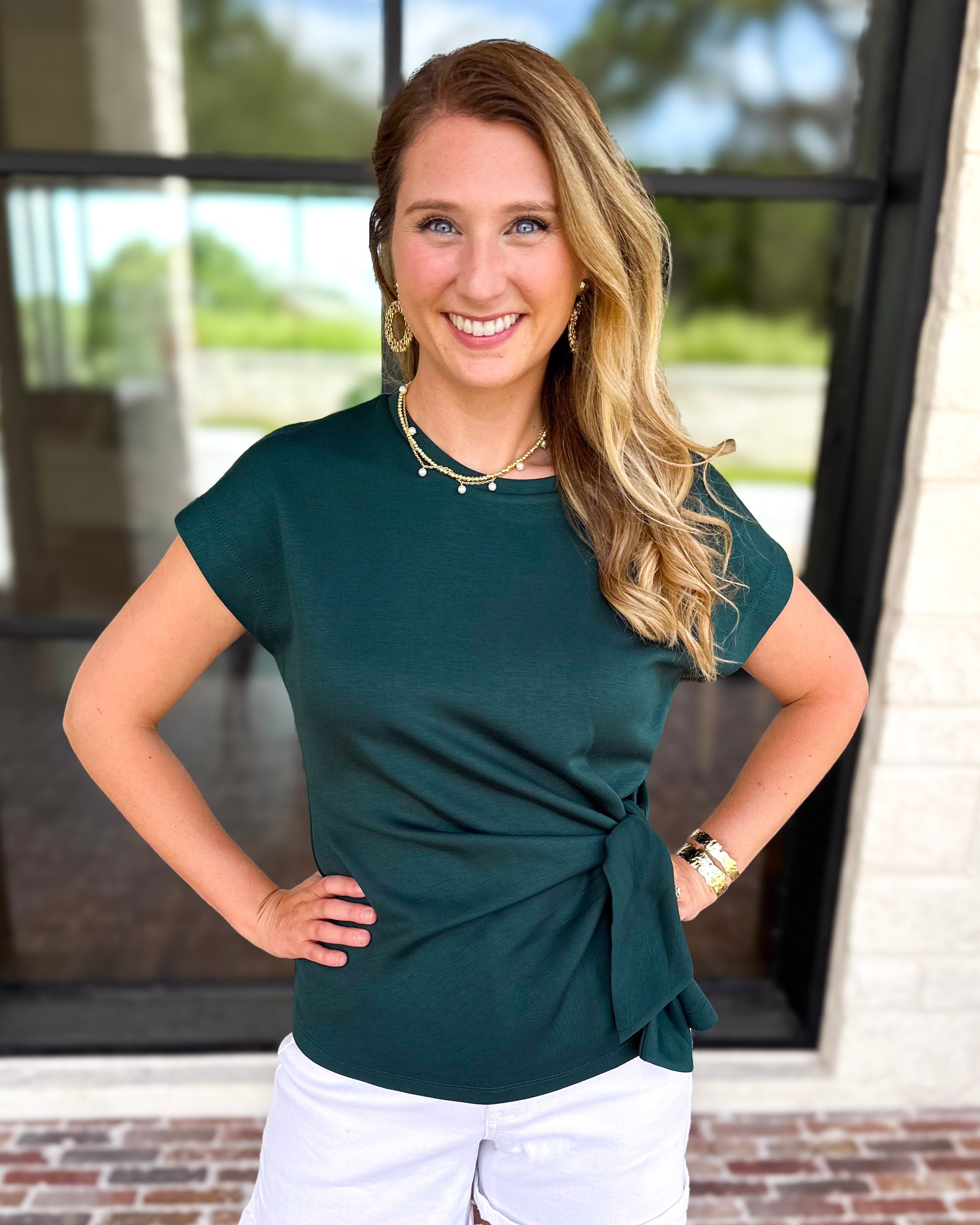 Essentials Knotted Blouse - Hunter Green-200 Fashion Blouses-ENTRO-July & June Women's Fashion Boutique Located in San Antonio, Texas
